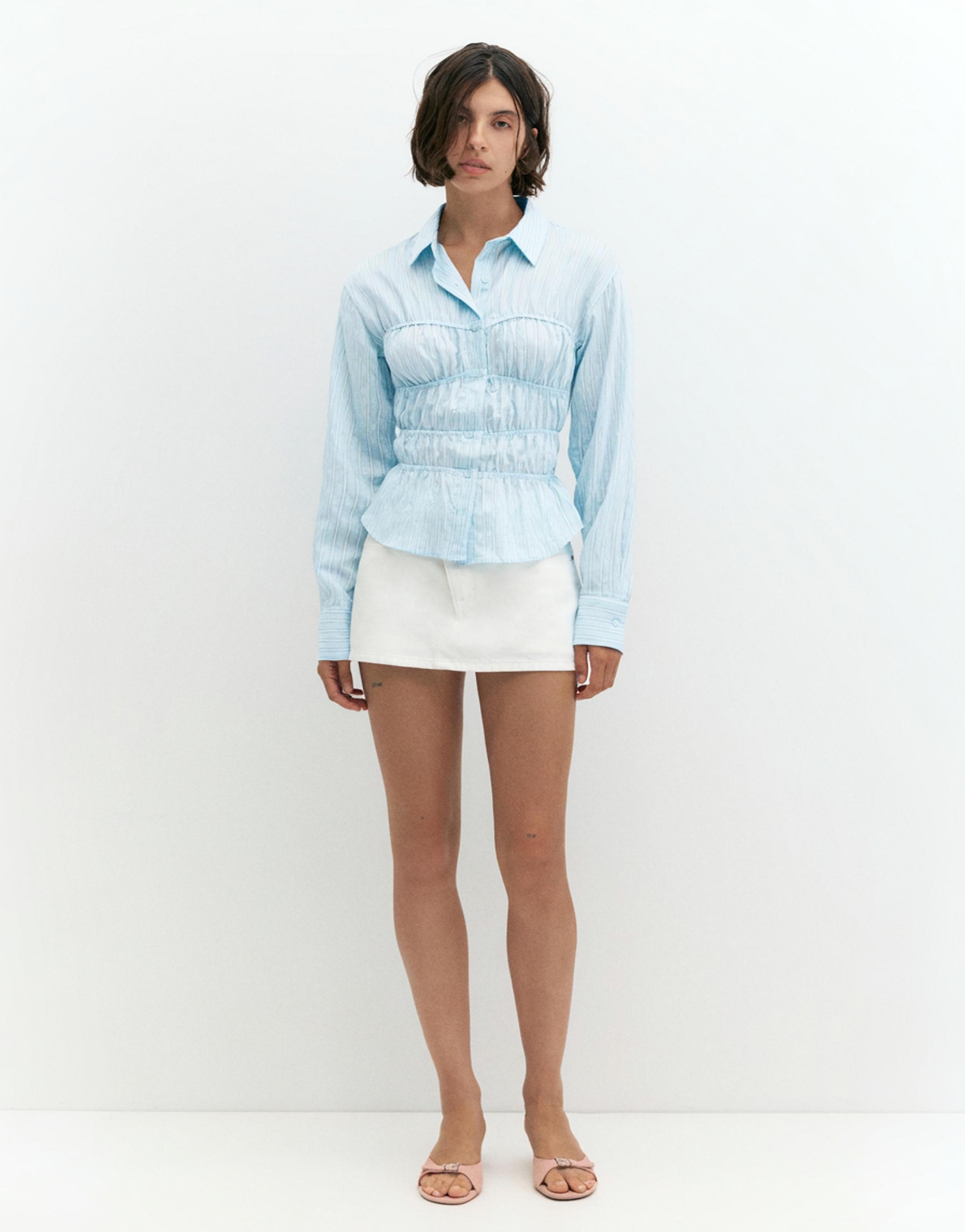 Striped long sleeve gathered shirt — White/Sky Blue