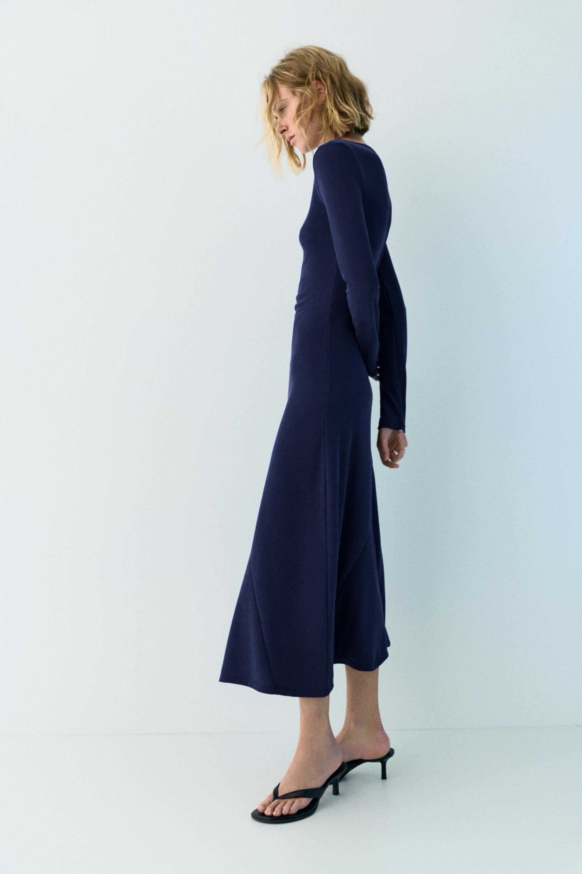 Fluid draped cupro midi dress — Faded navy