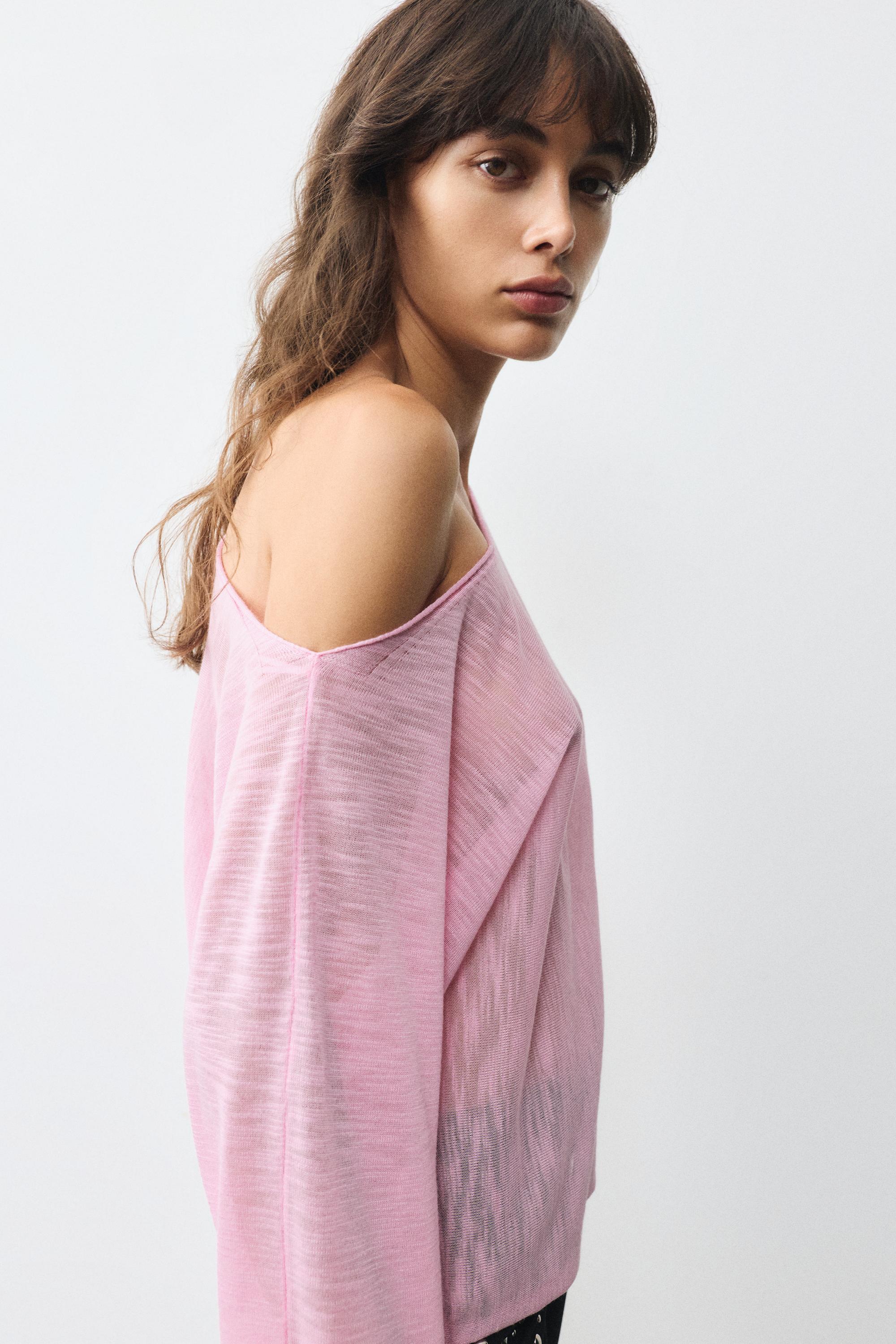 Fine knit asymmetric T-shirt — Pink