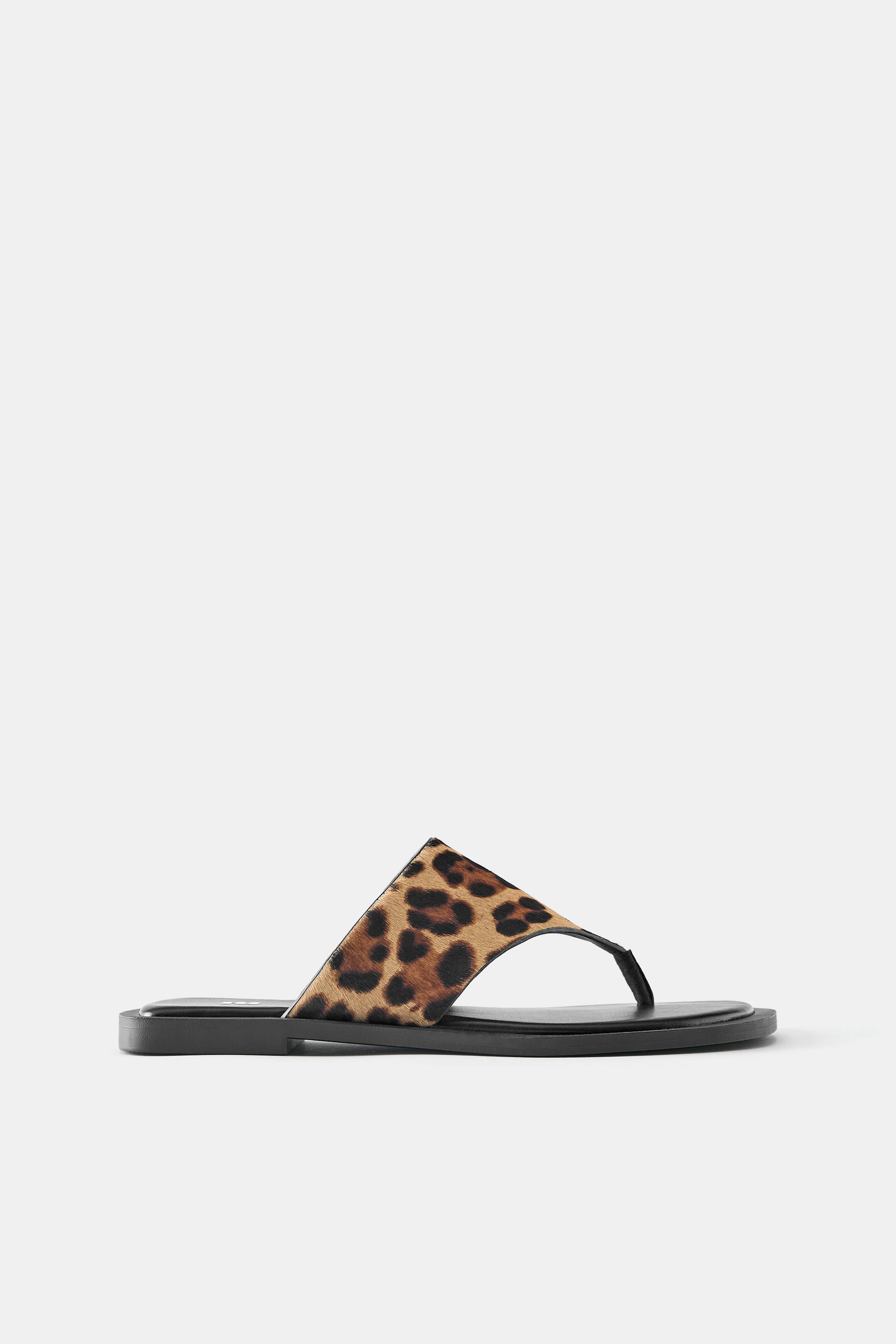 Leopard print leather flat slider sandals — Leopard