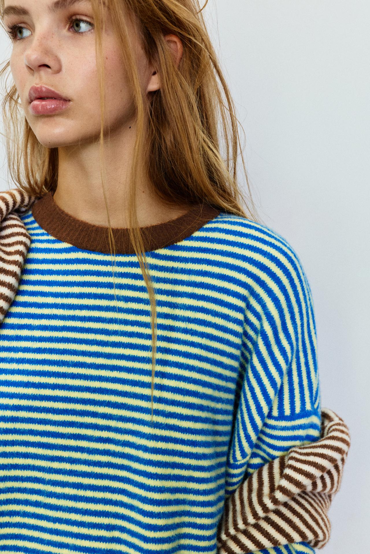 Striped jumper with contrast neck — Pale blue
