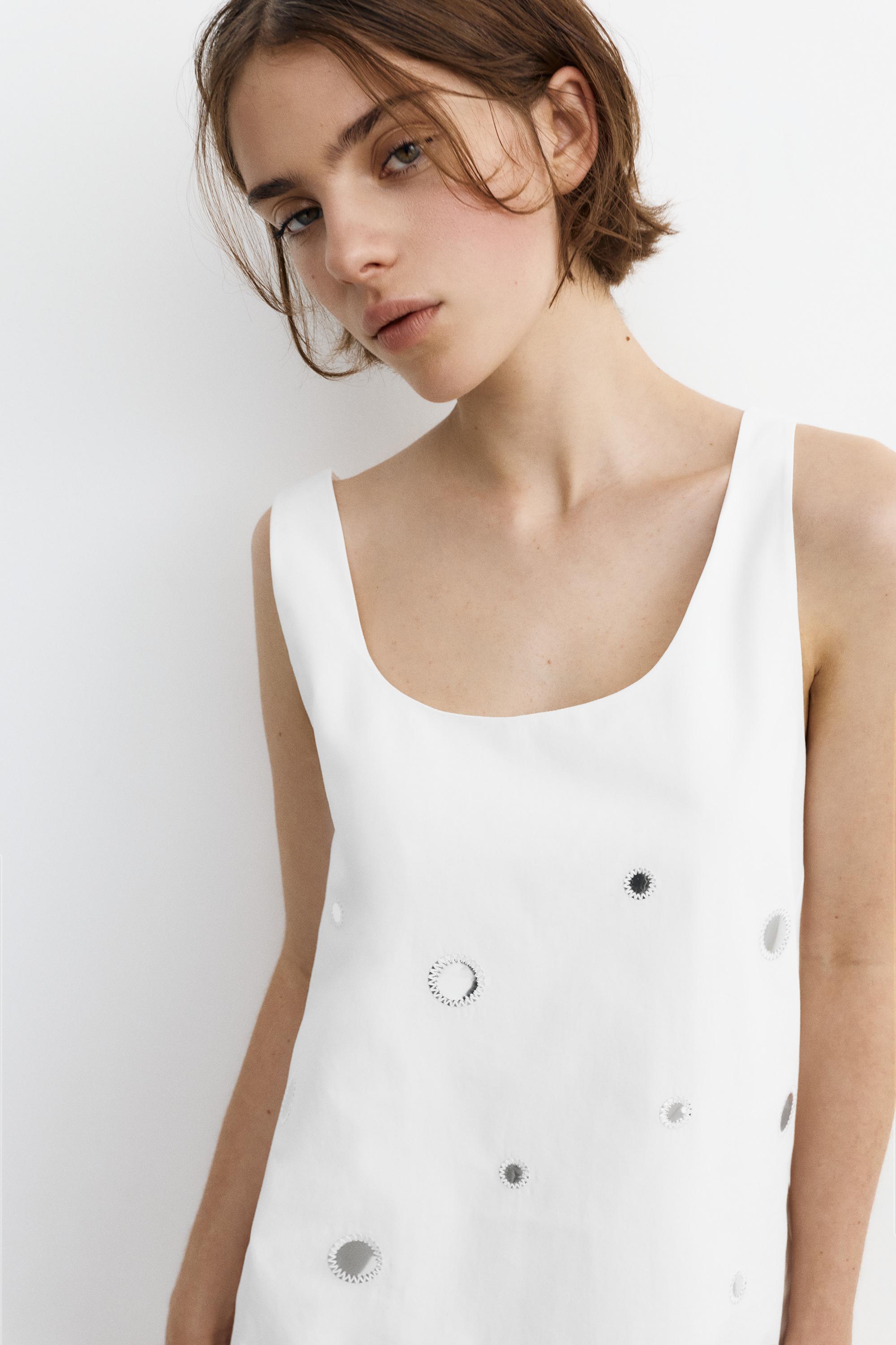 Short strappy dress with mirrored details — Ecru