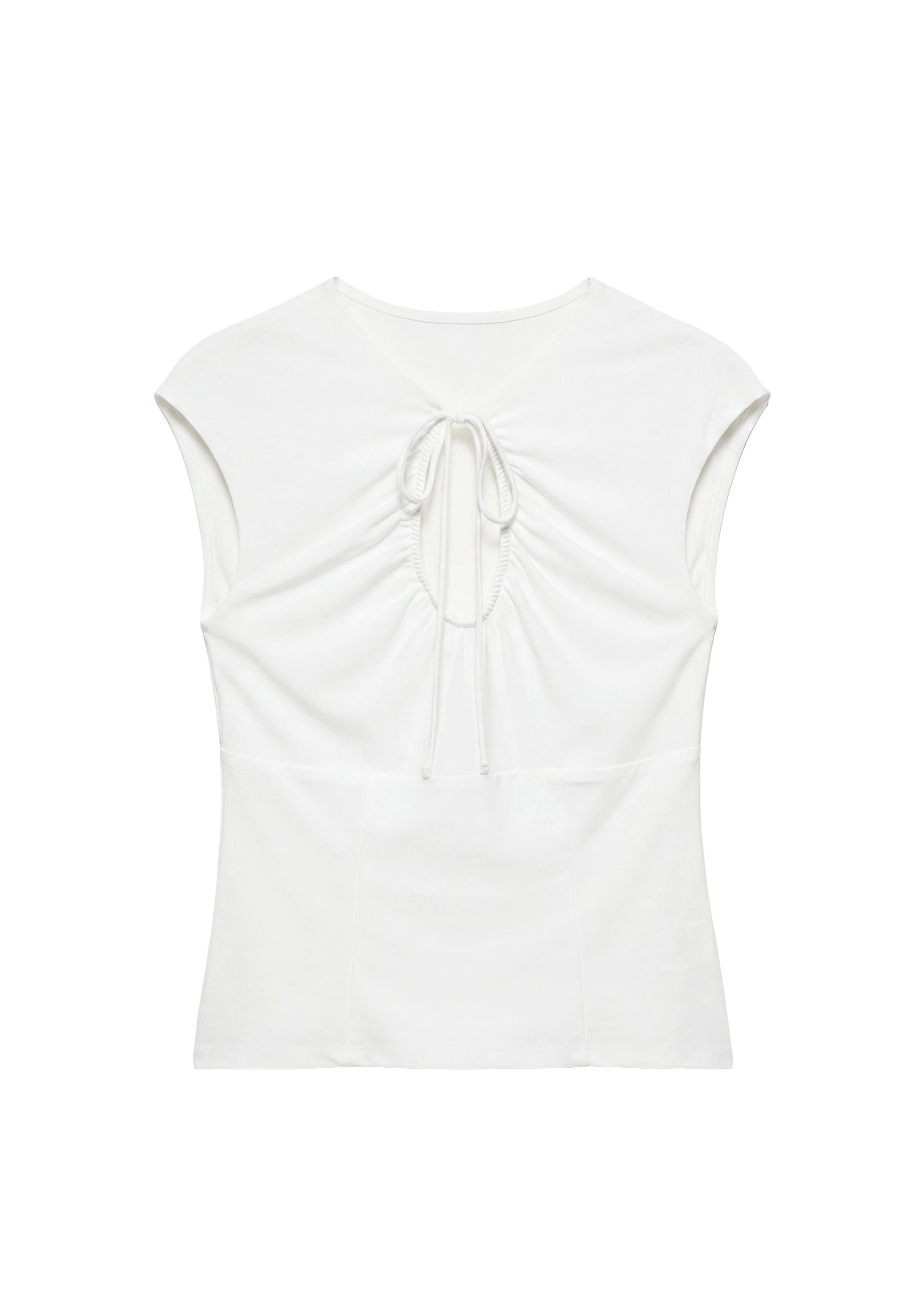 Gathered tie-neck top — Ecru
