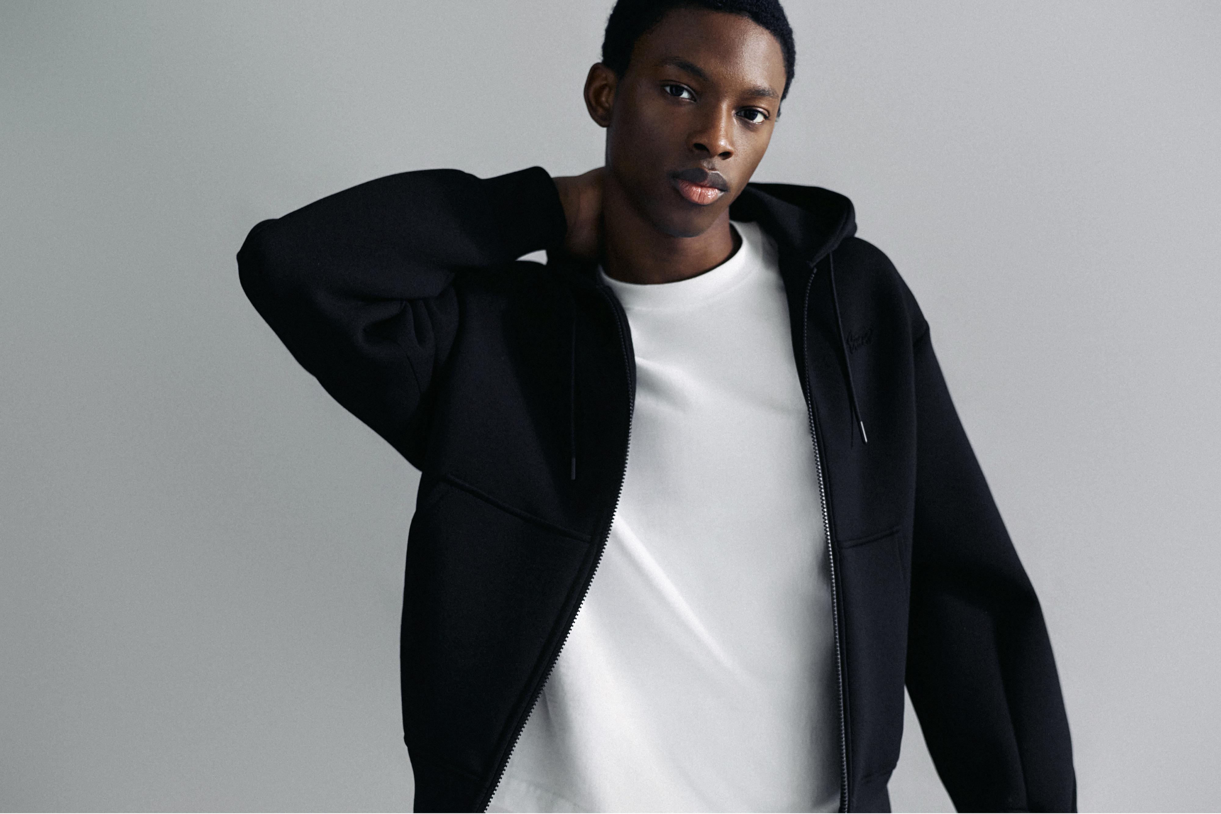 Neoprene-effect zip-up hoodie — Black