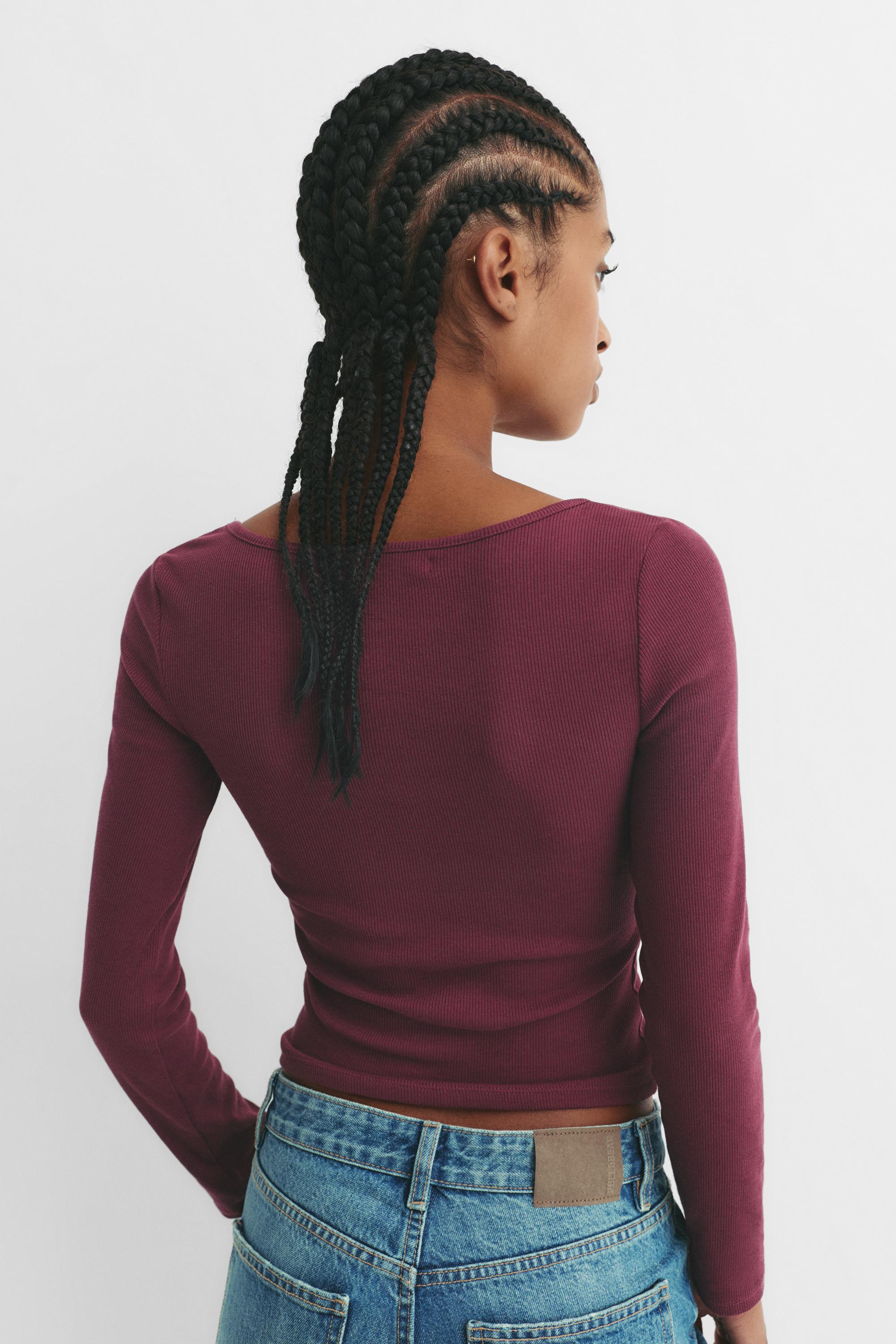 Ribbed round neck T-shirt — Burgundy