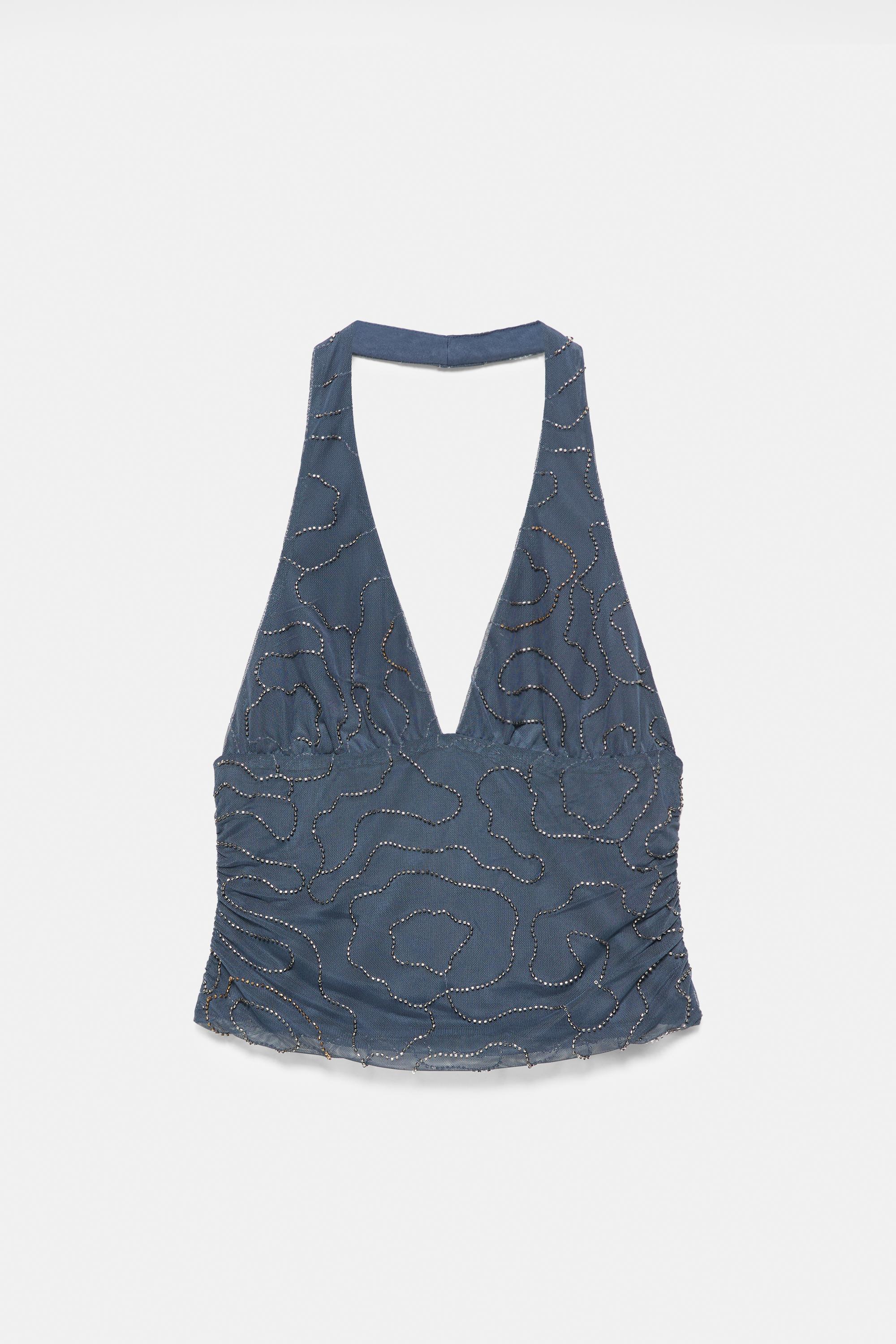 Beaded tulle halter top — Ocean