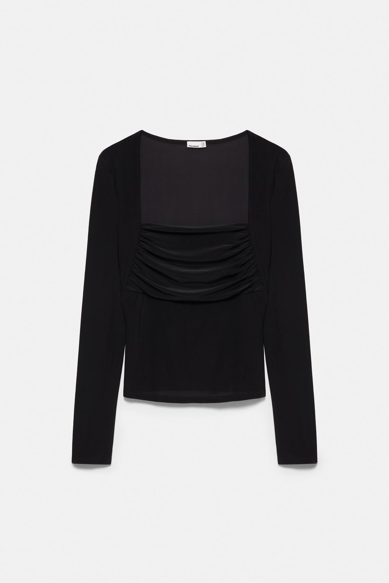 Square neckline top with gathers — Black