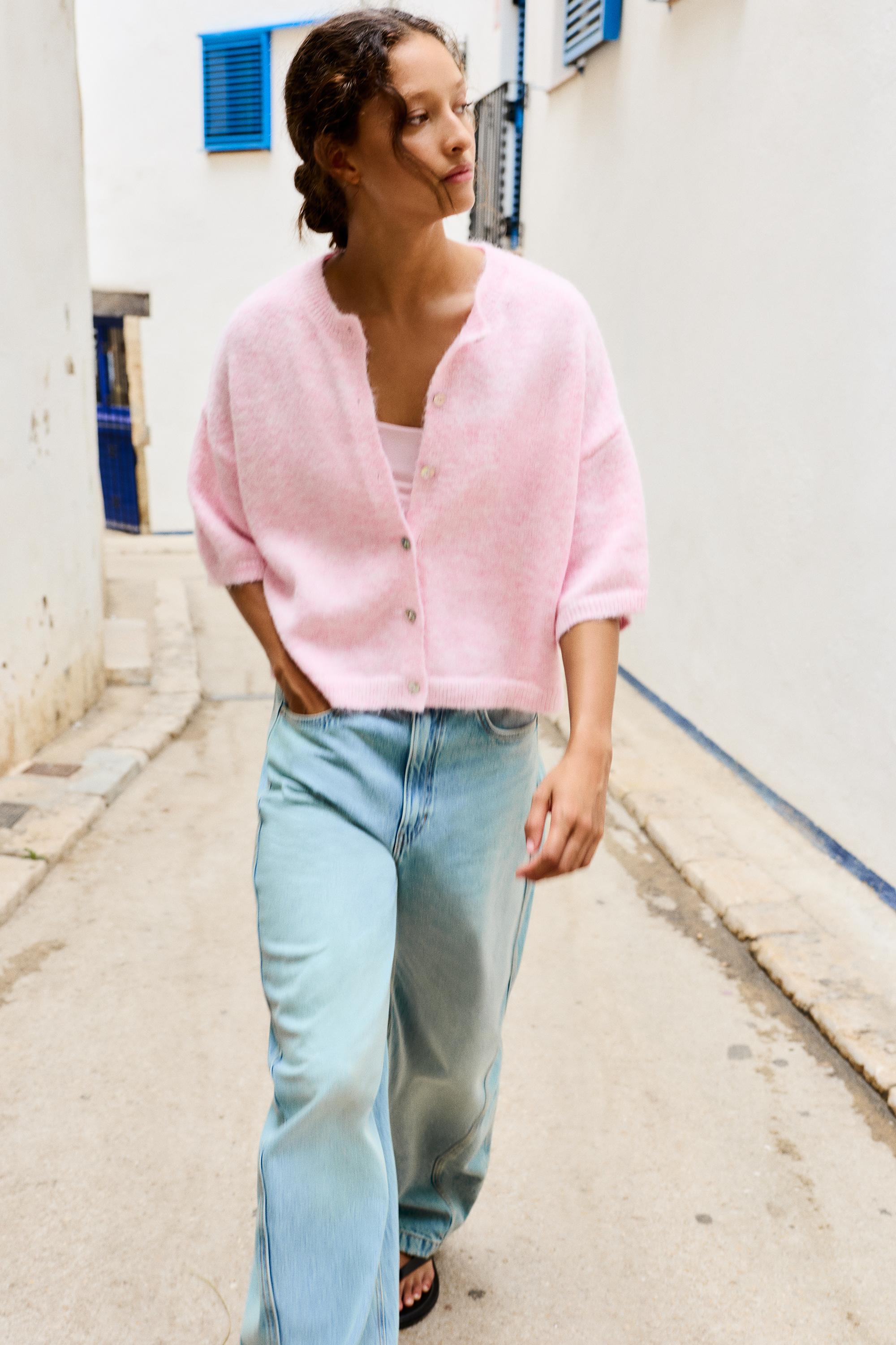 Short sleeve cardigan — Pink marl