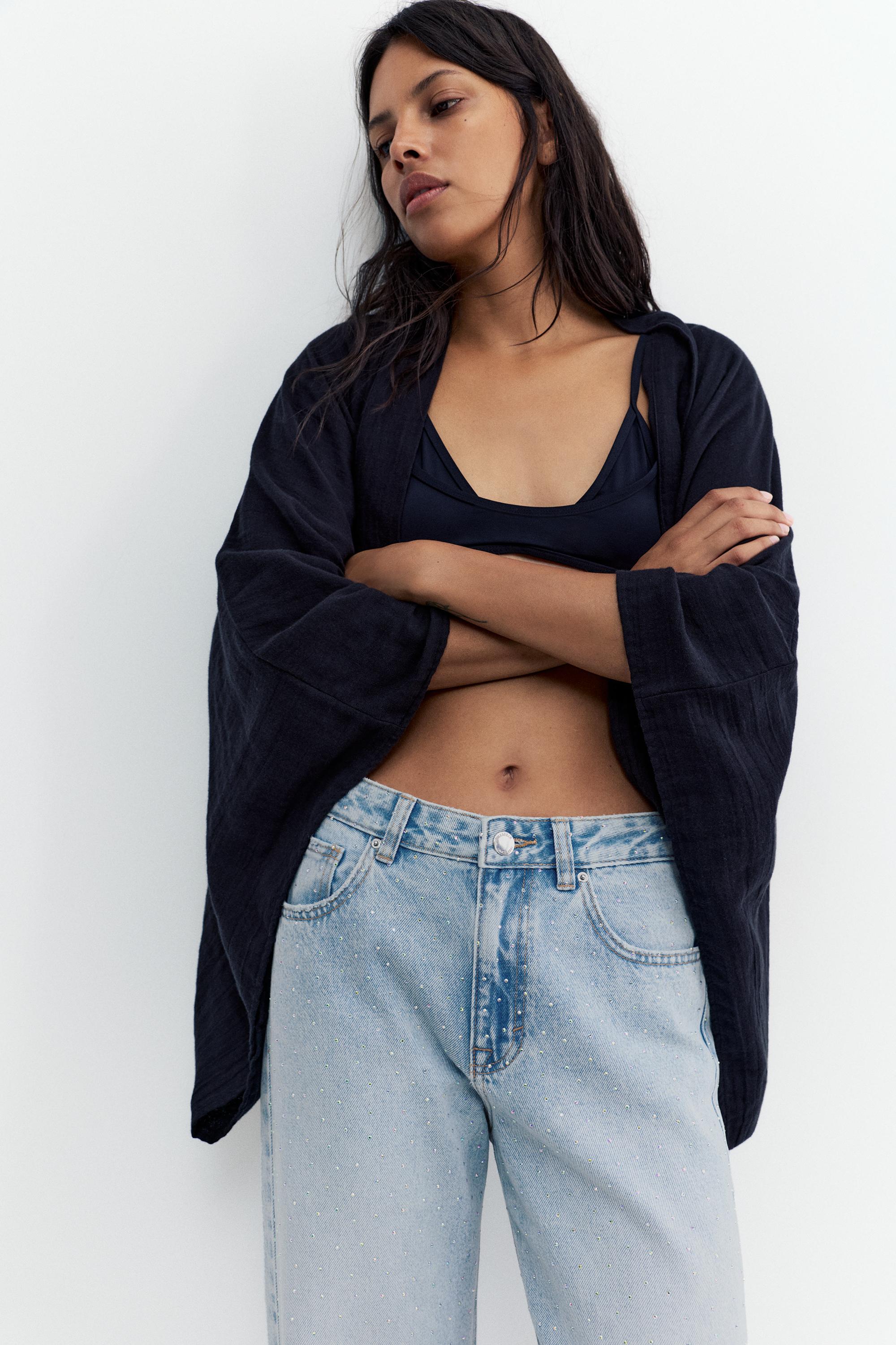 Straight-leg baggy jeans with rhinestones — Pale blue