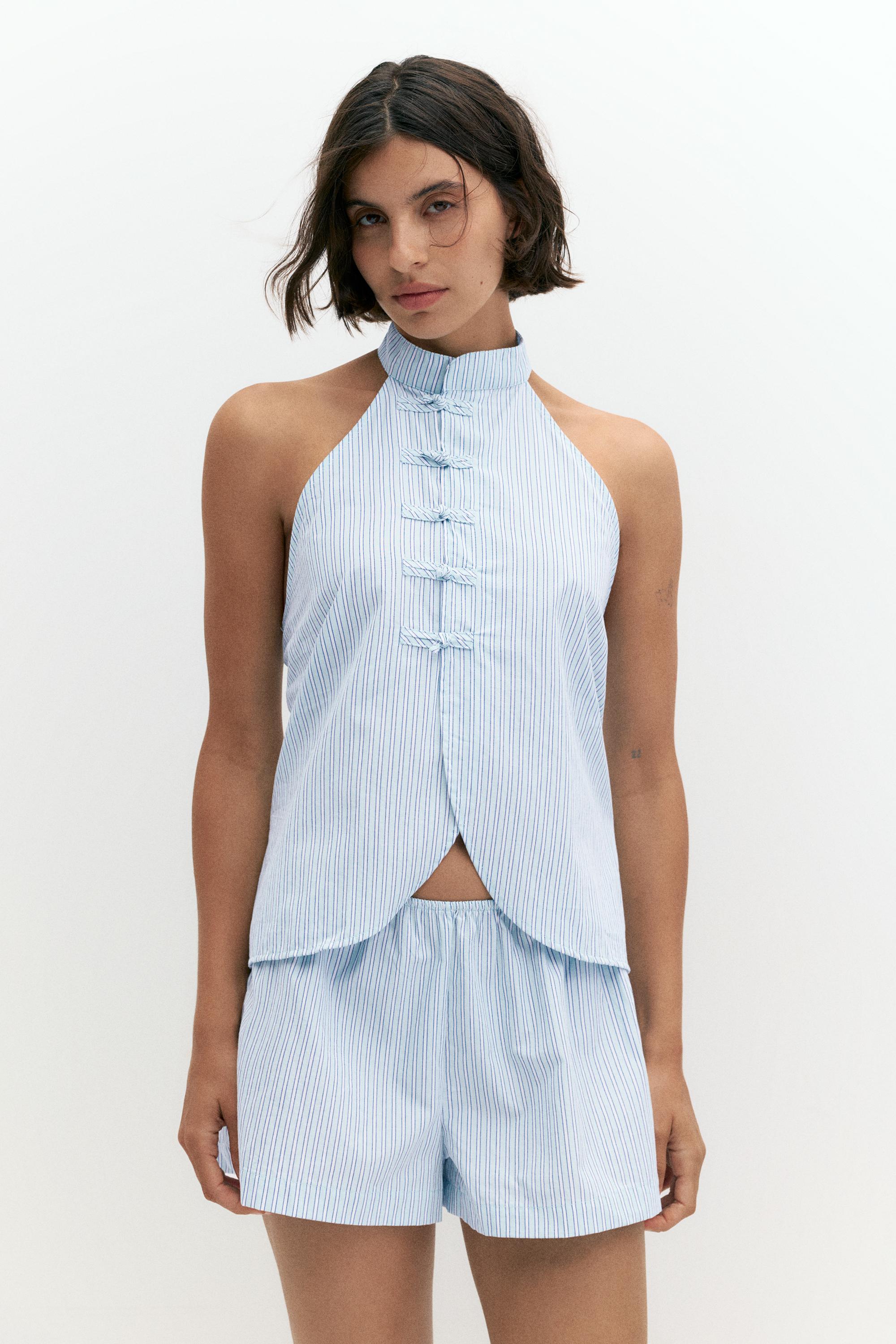 Striped halter toggle top — Water blue