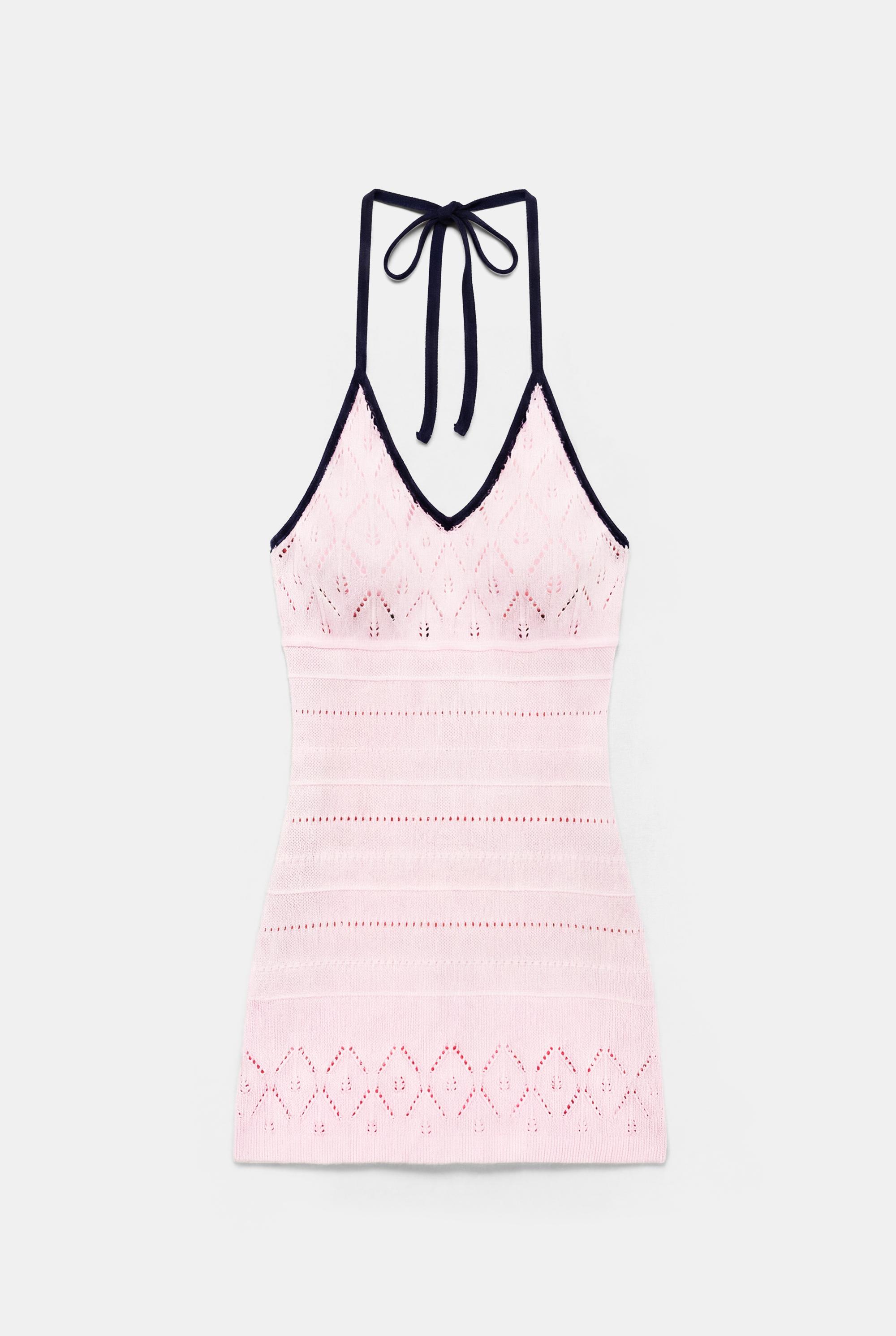 Halter neck crochet knit dress — Pink