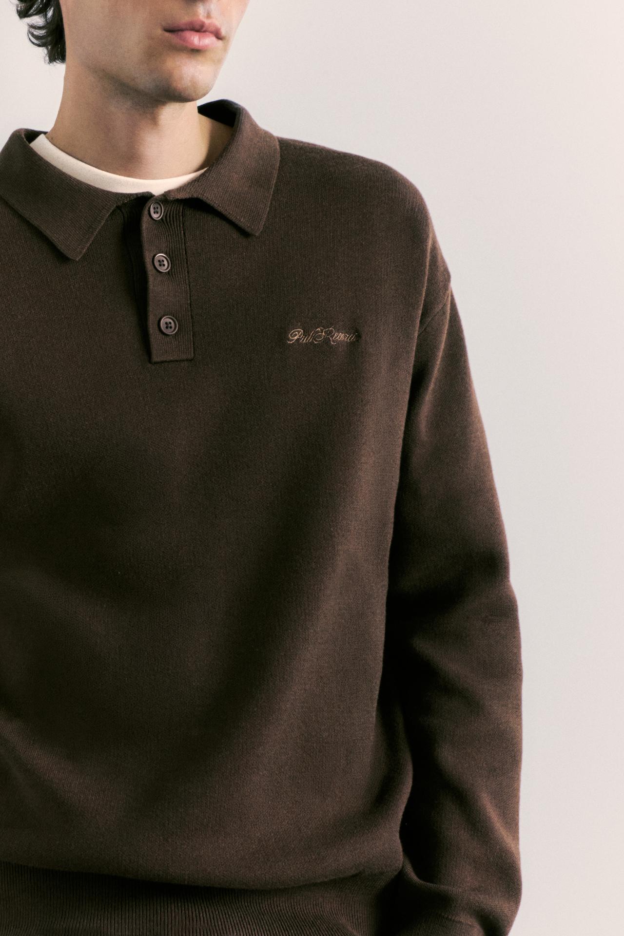 Long sleeve knit polo shirt — Brown