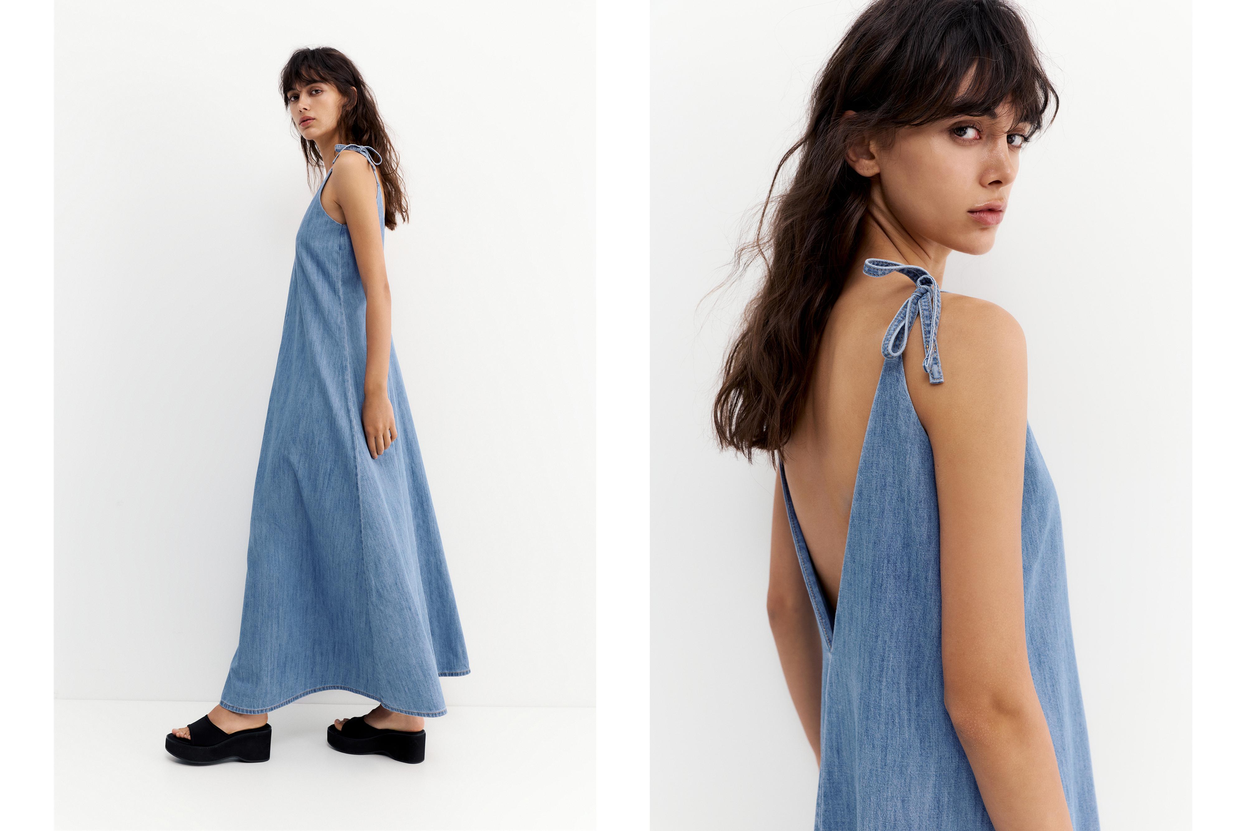 Long denim strappy dress — Pale blue