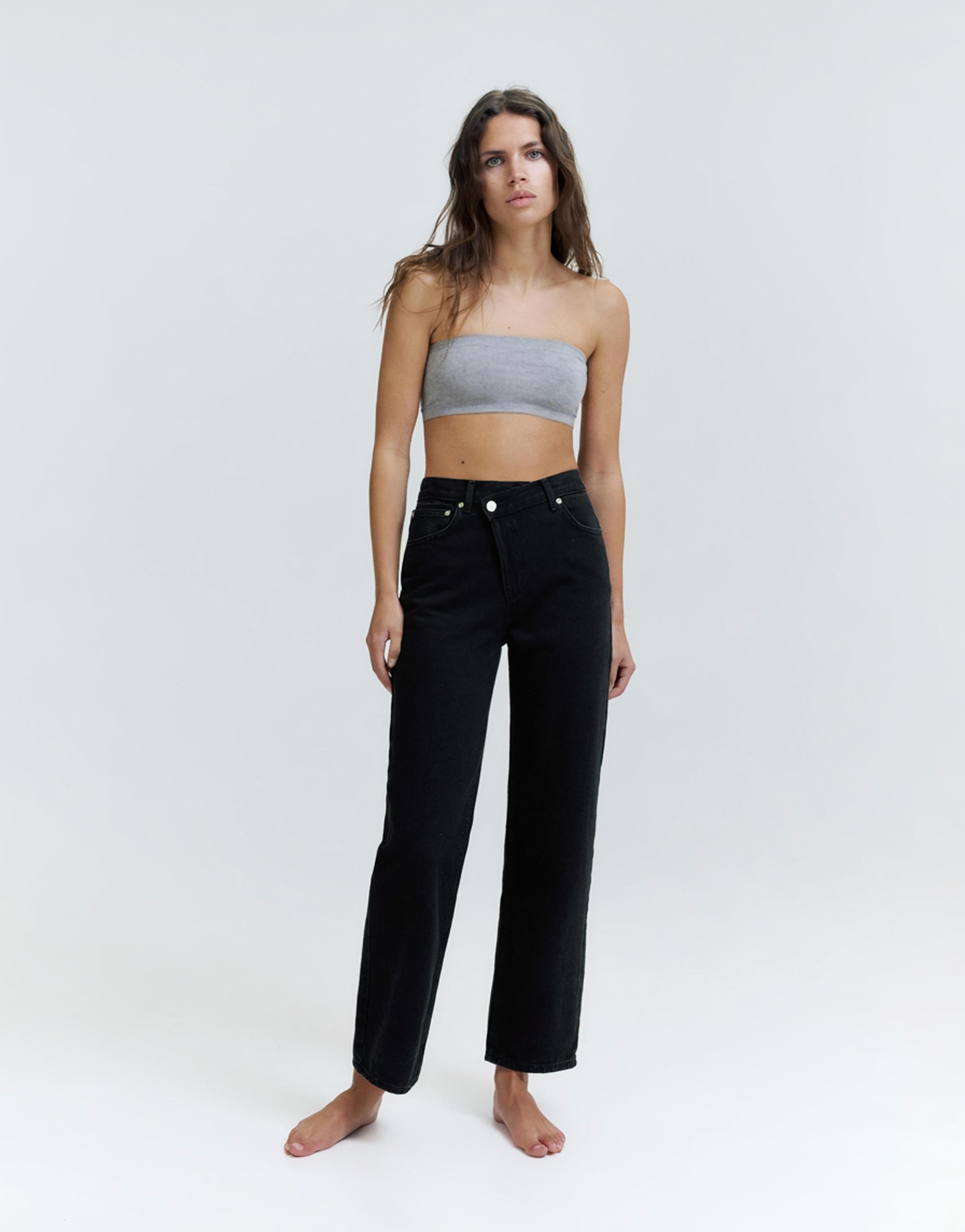 Straight-leg jeans with crossover waistband — Black