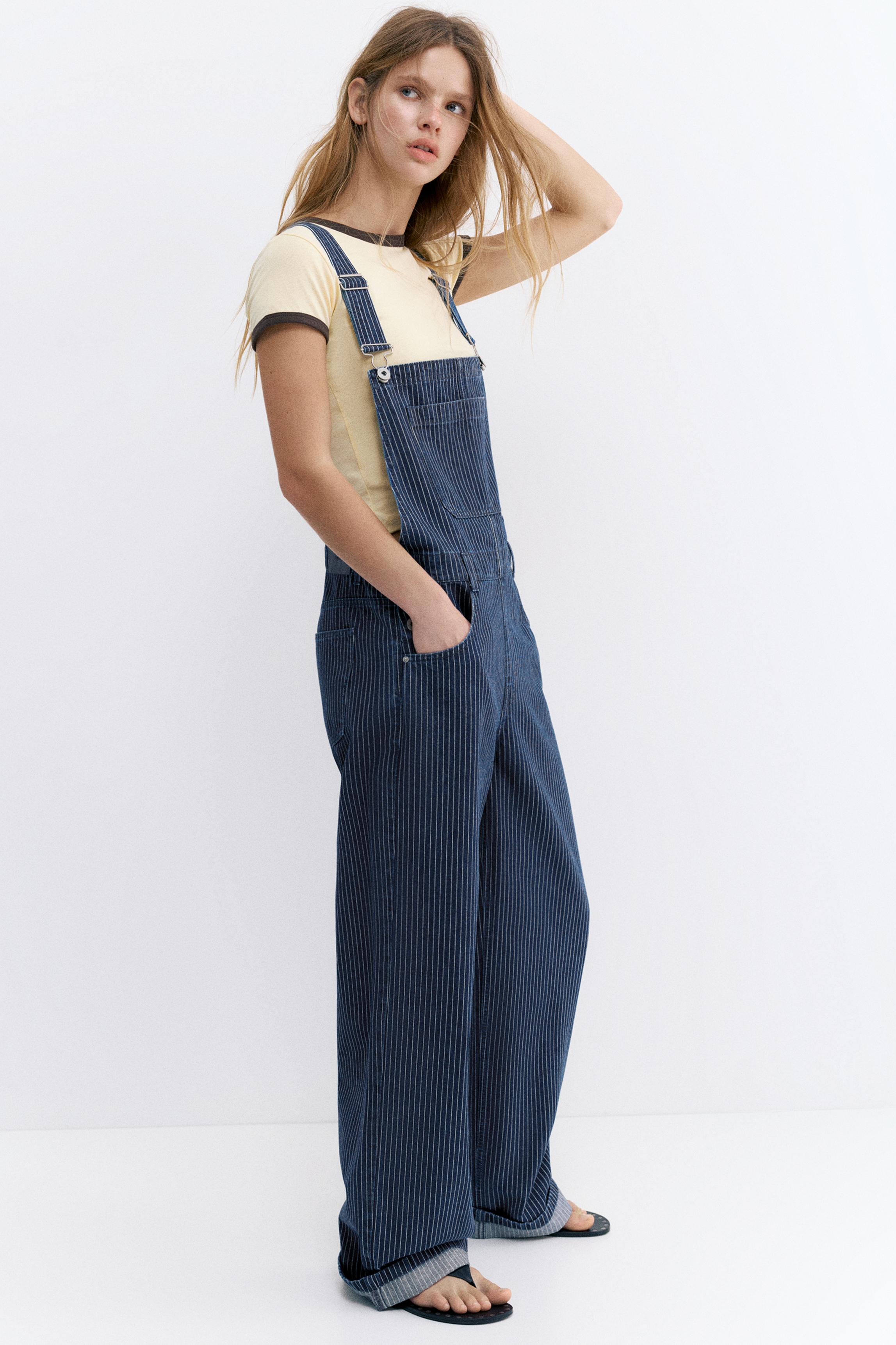 Salopette Lunga In Jeans A Righe