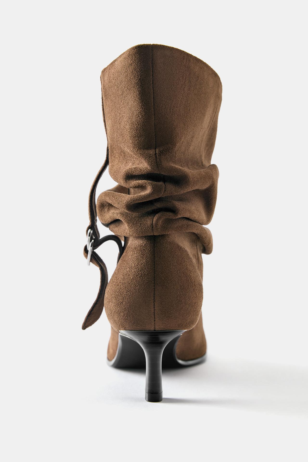 Ruched-ankle high-heel boots — Camel
