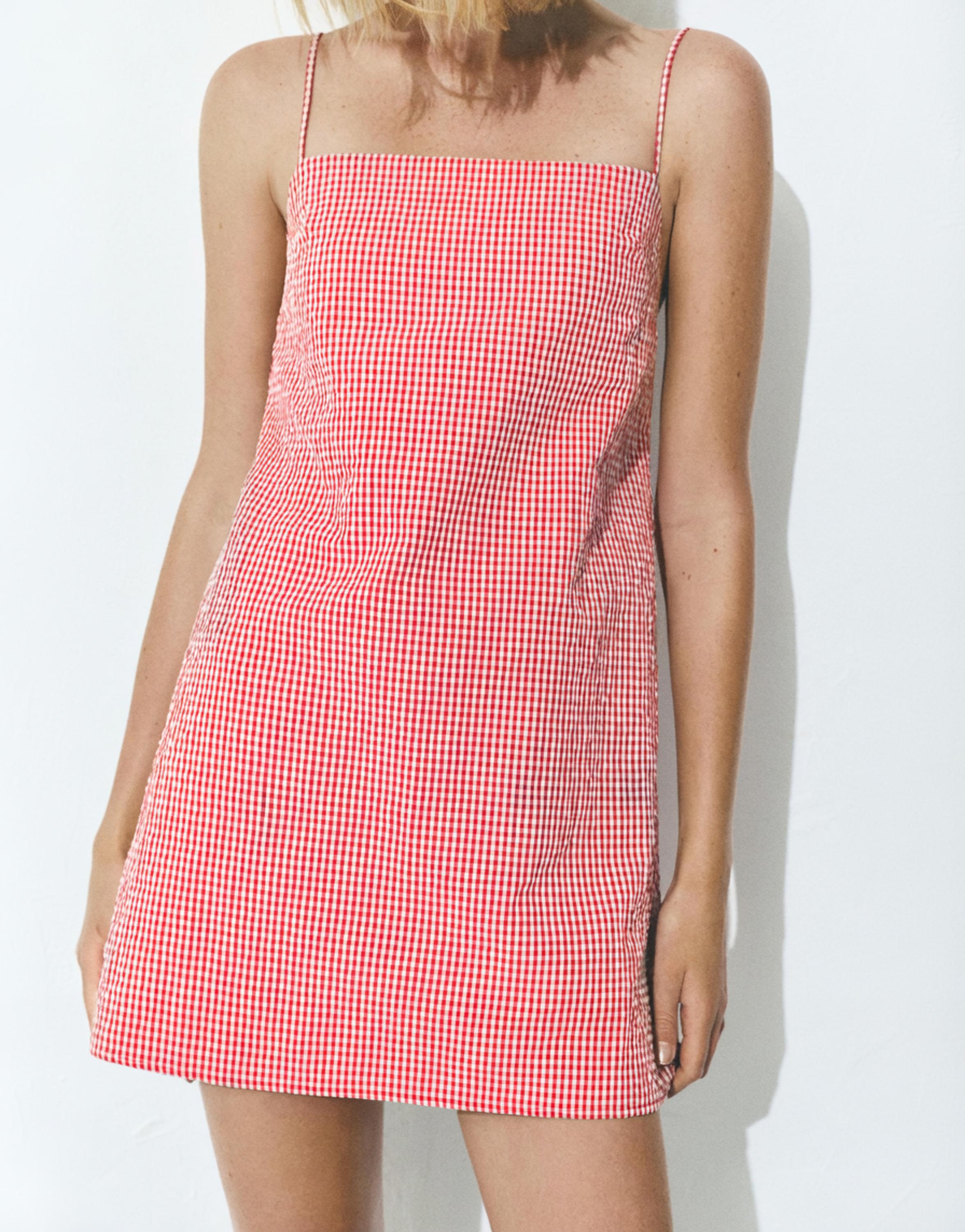 Short gingham check strappy dress — Red/White