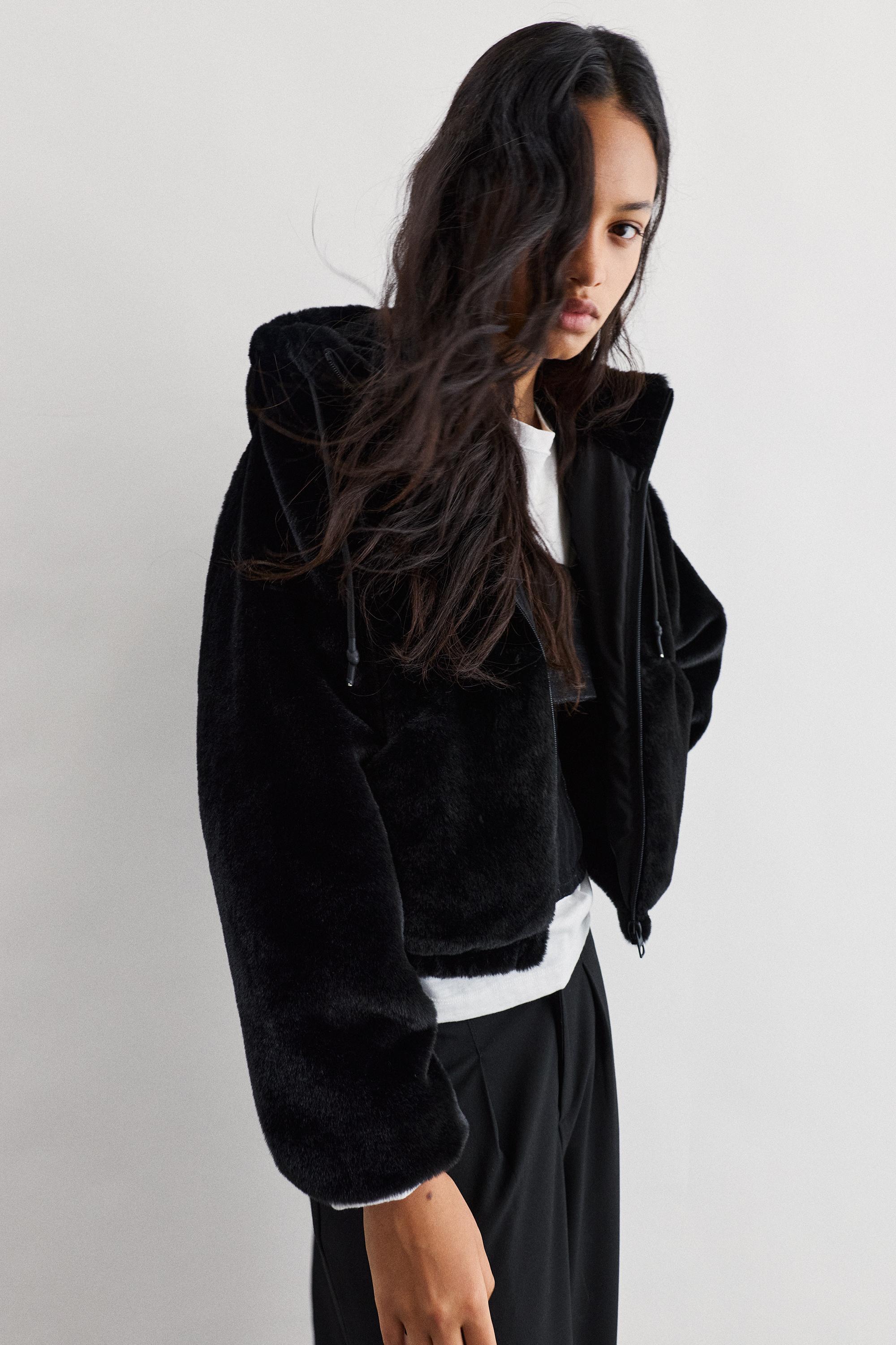 Faux fur hooded jacket — Black
