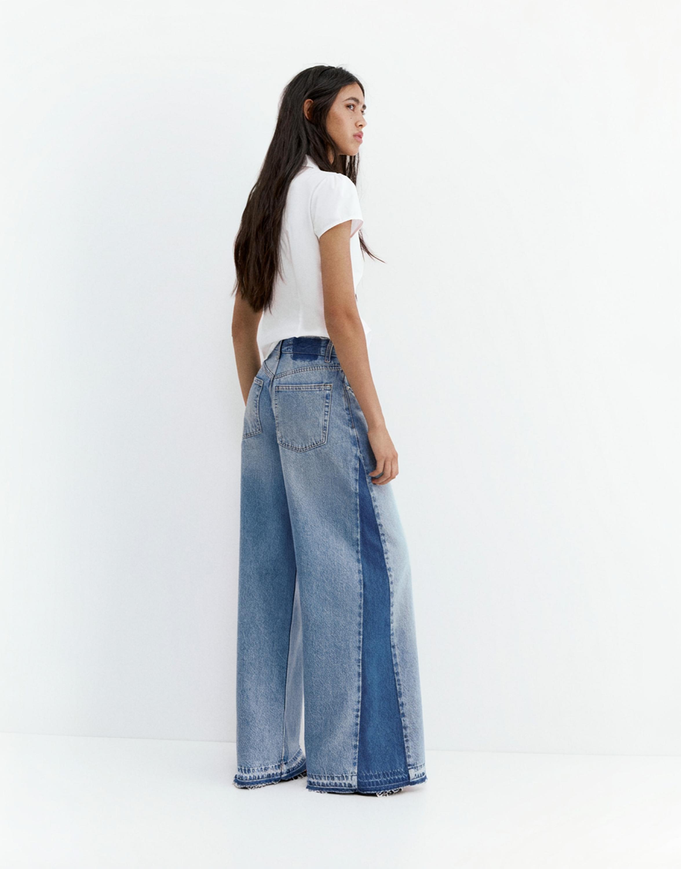 Wide-leg patchwork jeans — Medium blue