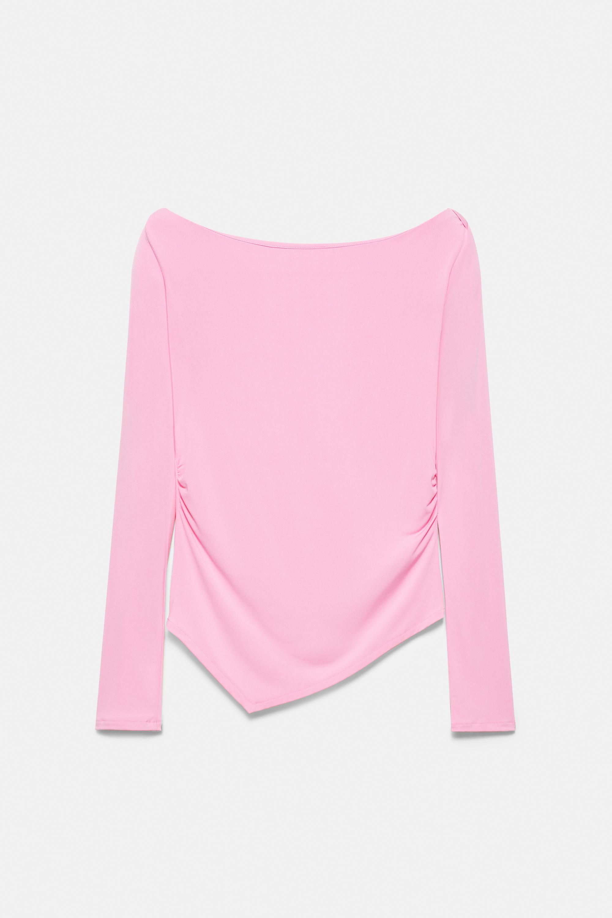 Büzgülü pembe kayık yaka top - Görsel 2