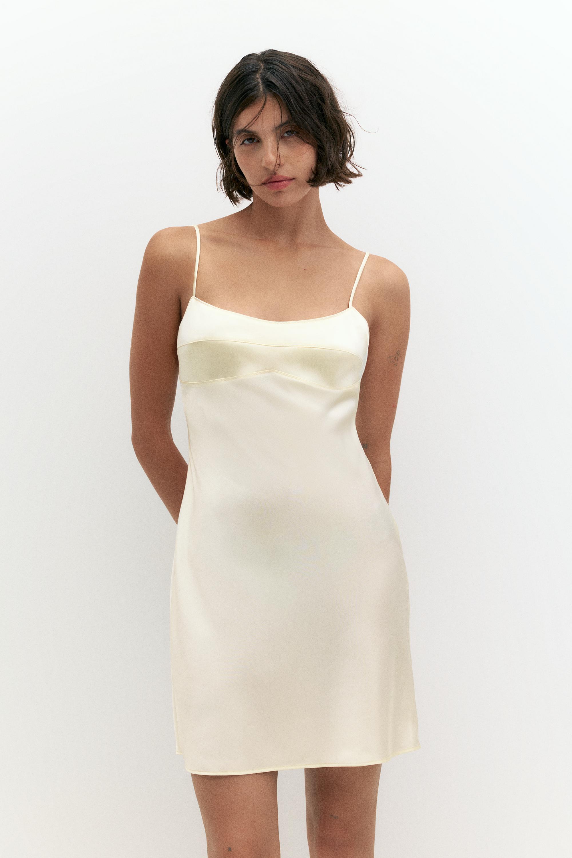 Short satin strappy dress — Ecru