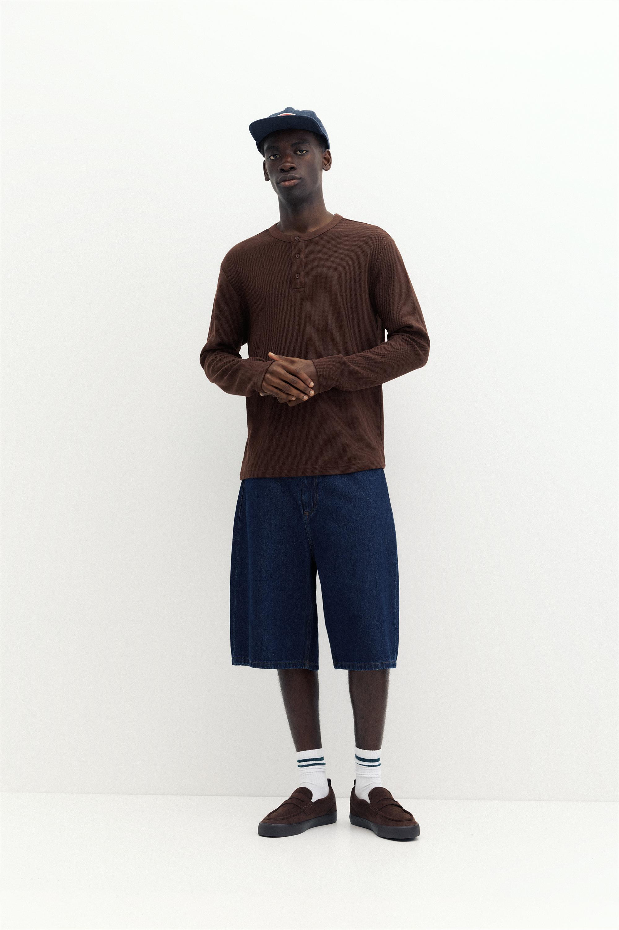 Waffle-knit long sleeve T-shirt — Brown