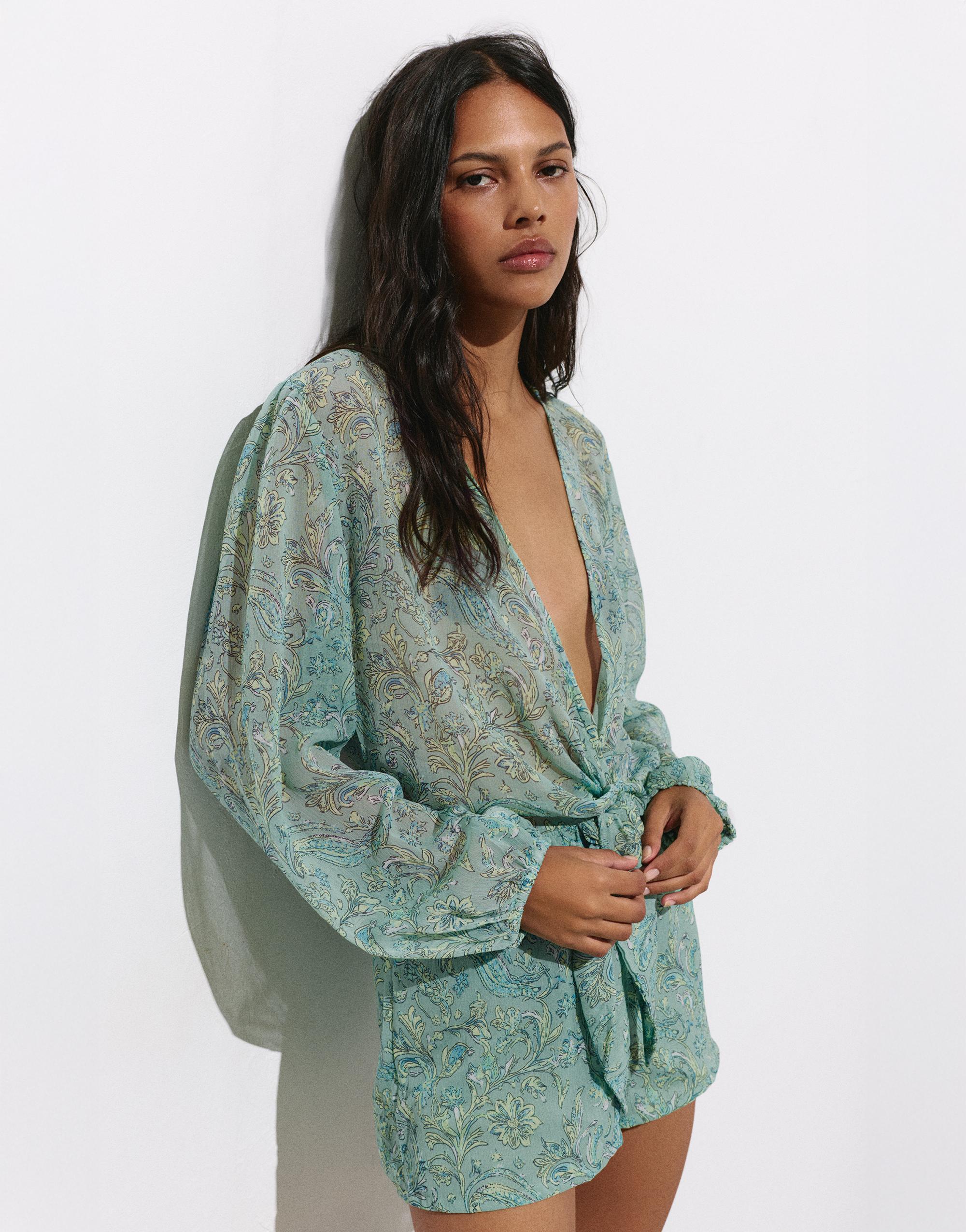 Printed gathered romper — Turquoise