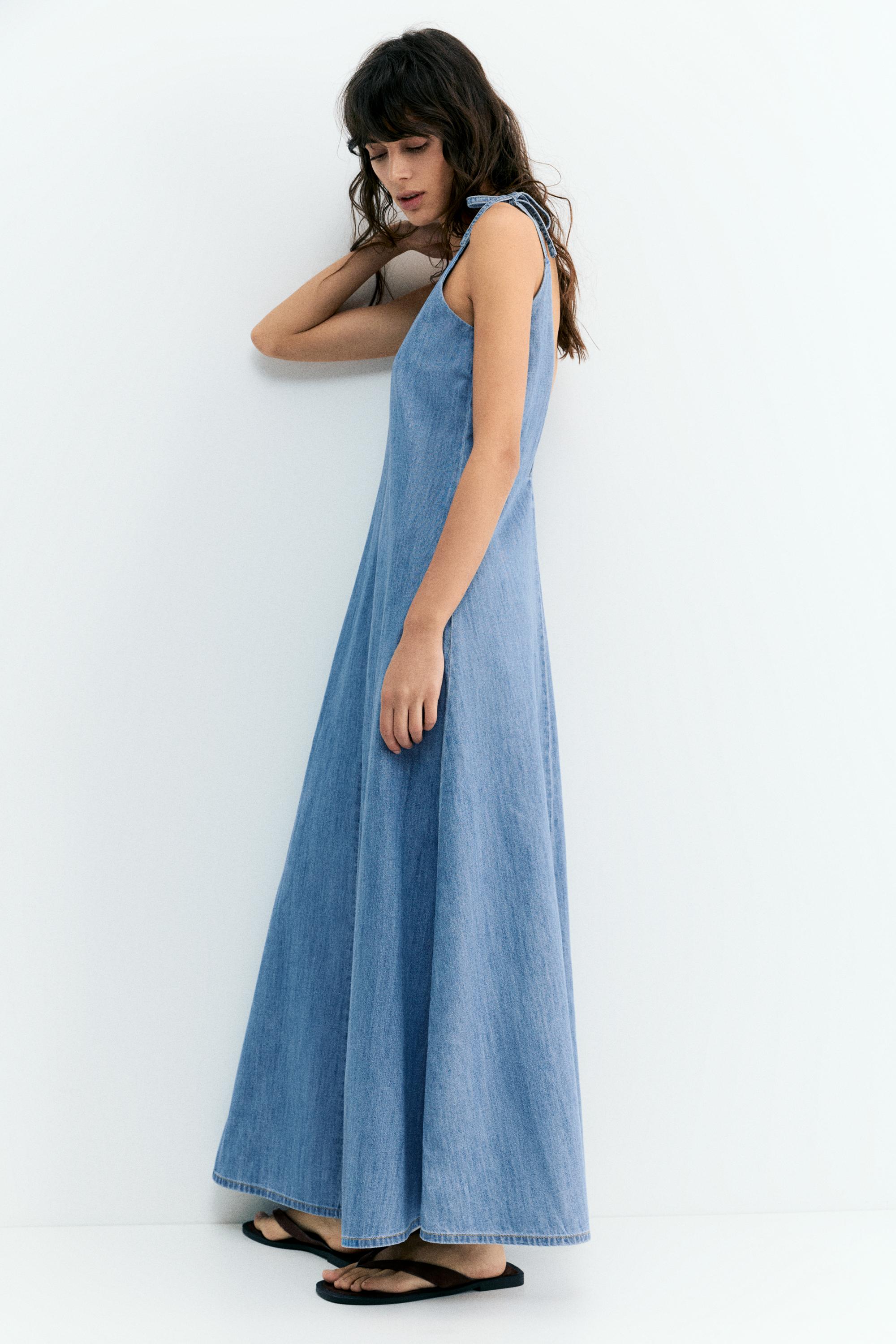 Askılı uzun jean elbise - Görsel 7