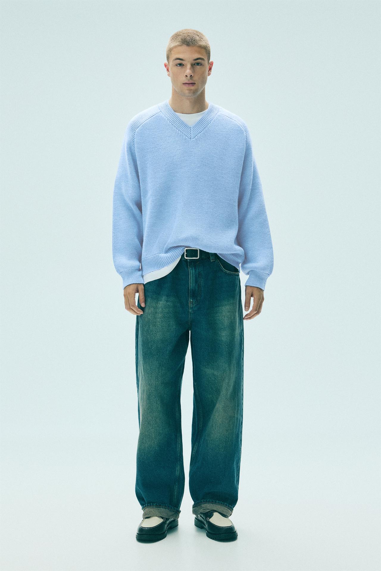 Brioche stitch V-neck jumper — Bluish grey