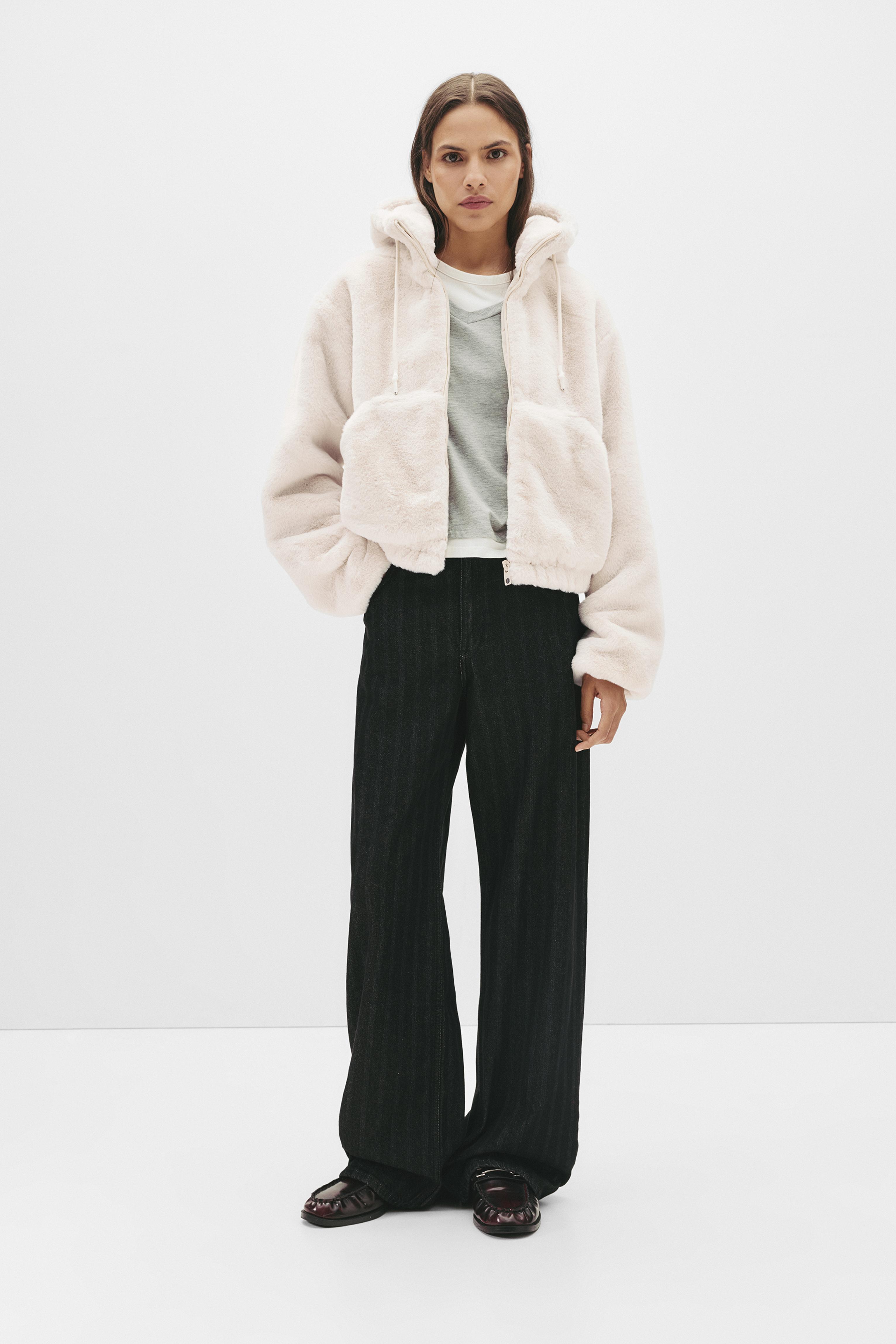 Faux fur hooded jacket — Ecru