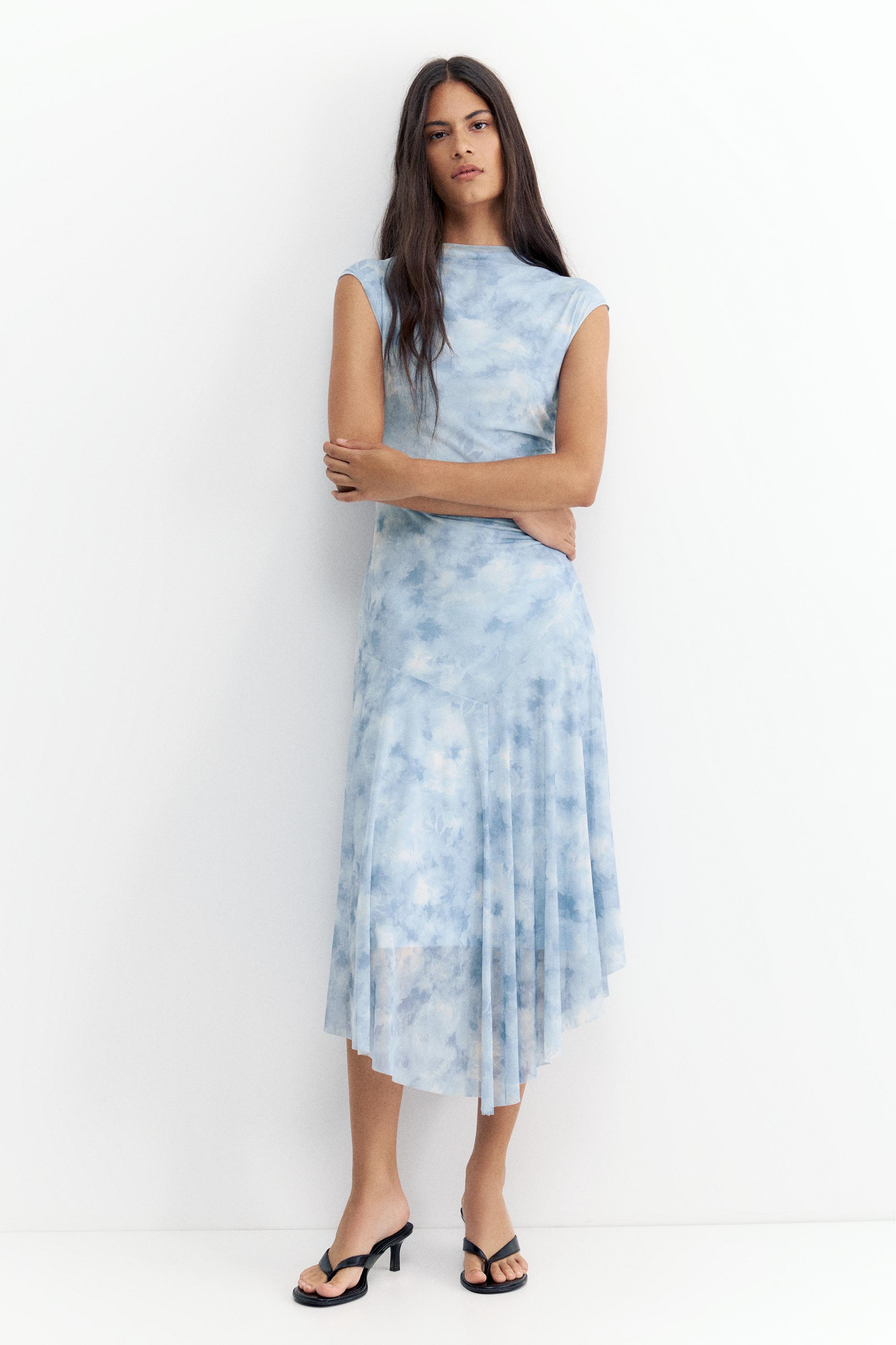 Asymmetric tulle midi dress — Pale blue