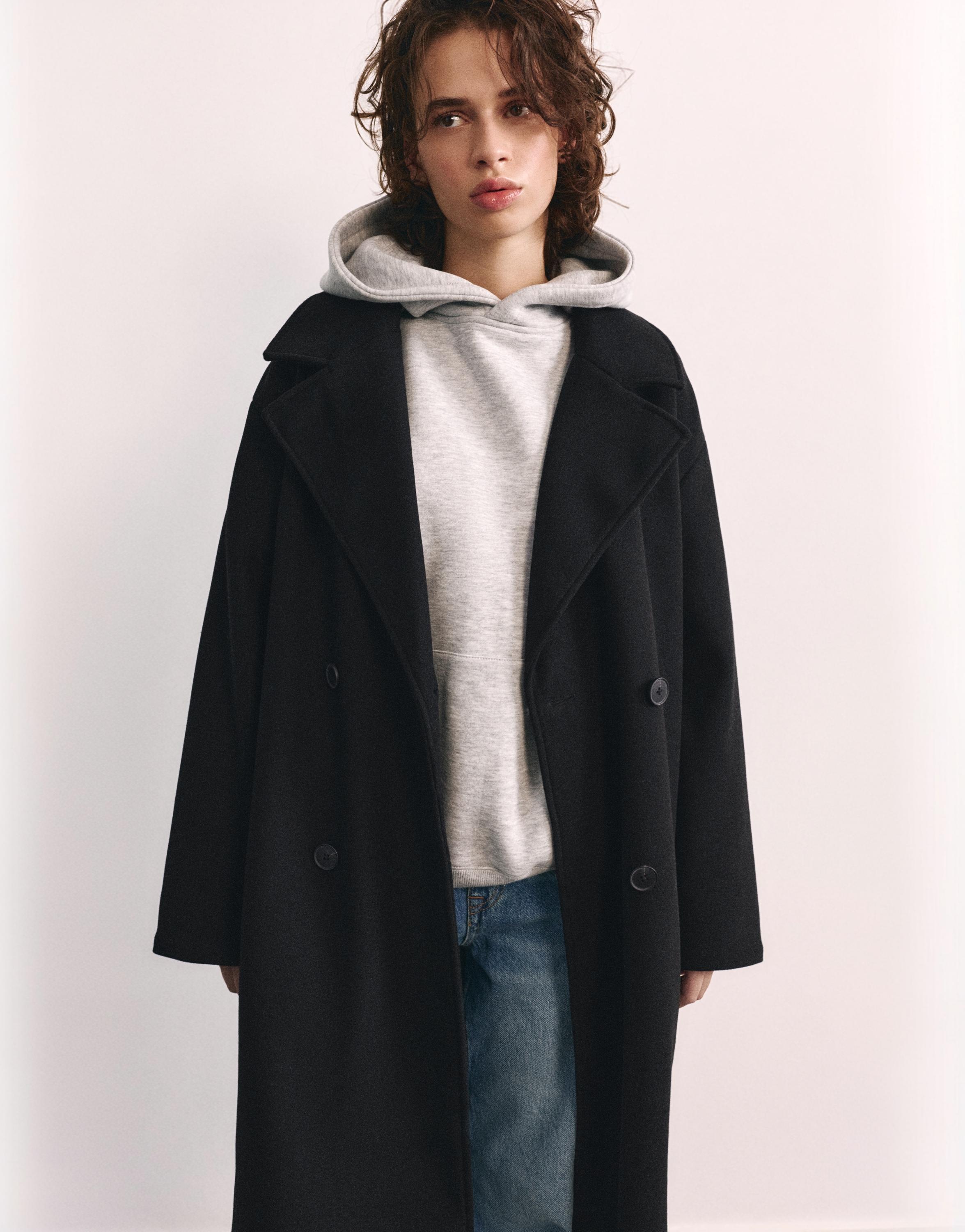 Double-breasted felt texture coat — Black