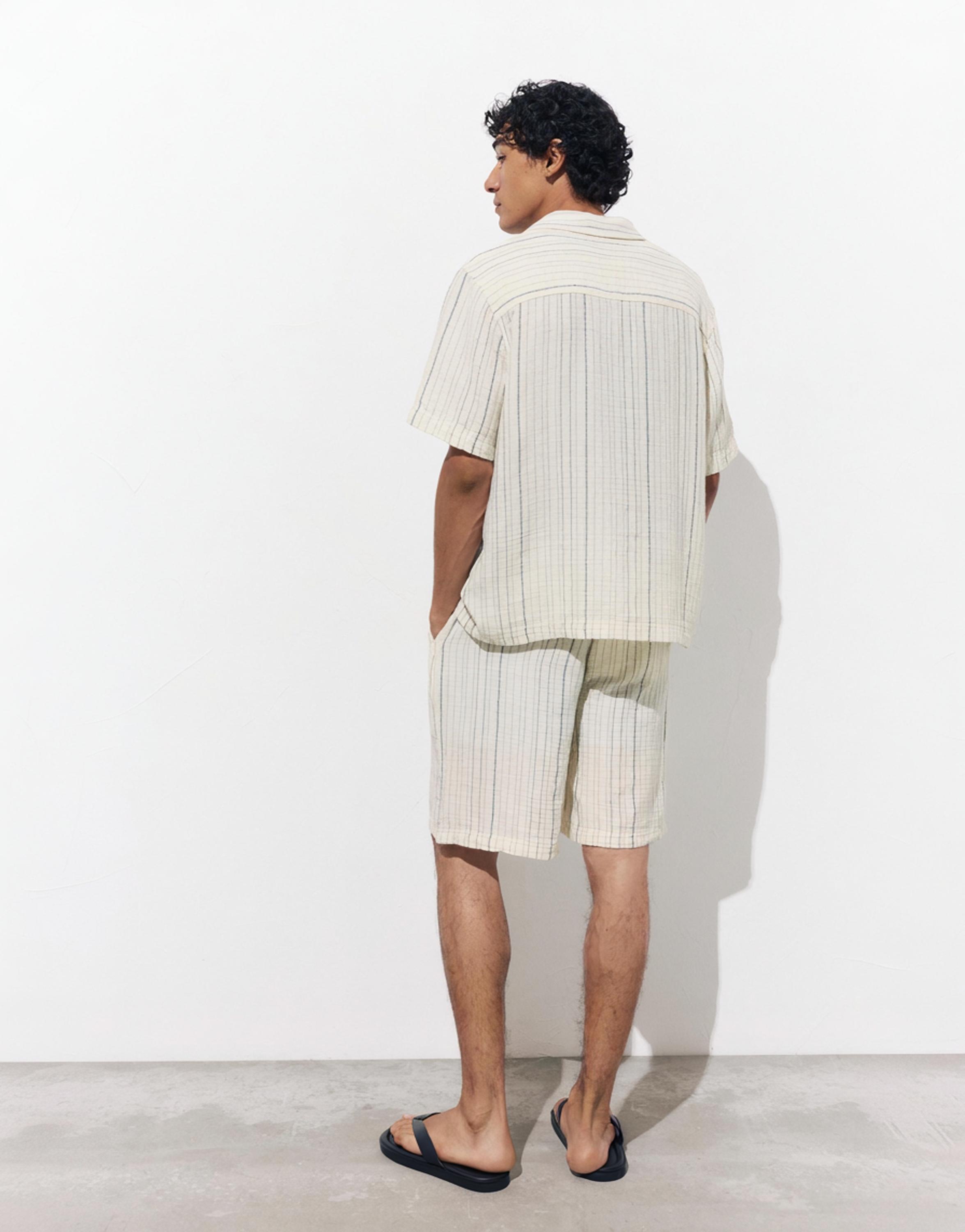 Short sleeve striped crepe shirt — White/Navy