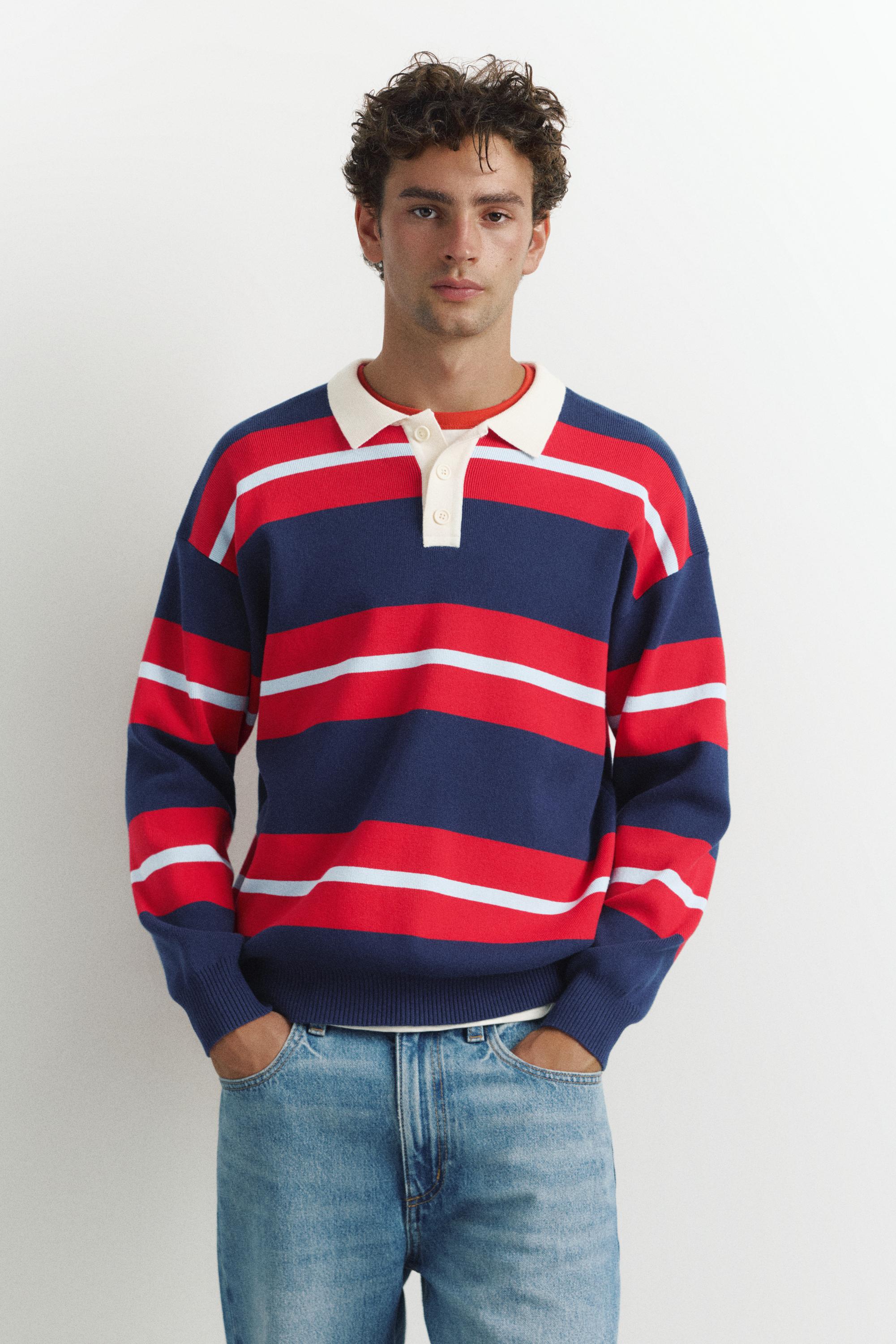 Striped knit polo shirt — Navy