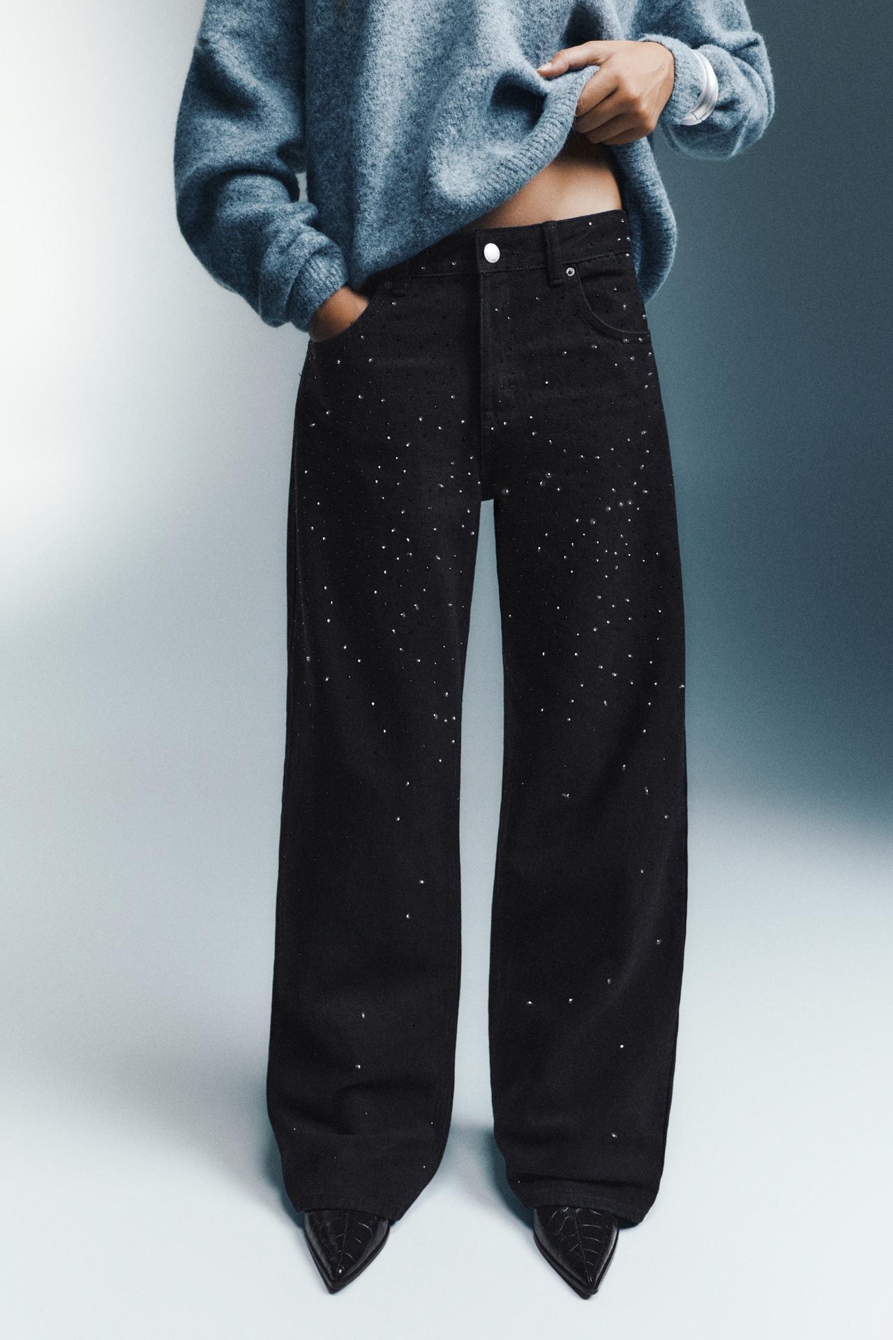 Straight-leg jeans with rhinestones — Black