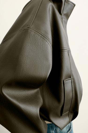 Leather-effect balloon bomber jacket — Khaki 4
