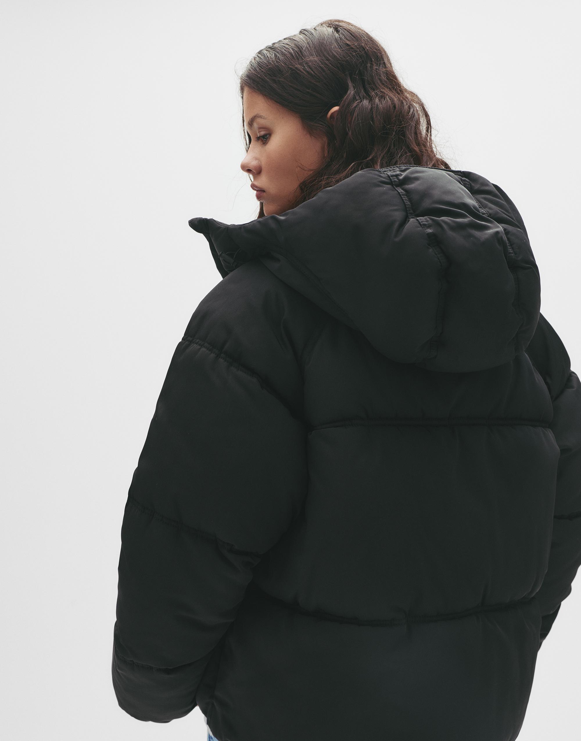 Puffer jacket with hood — Black (alternate view)