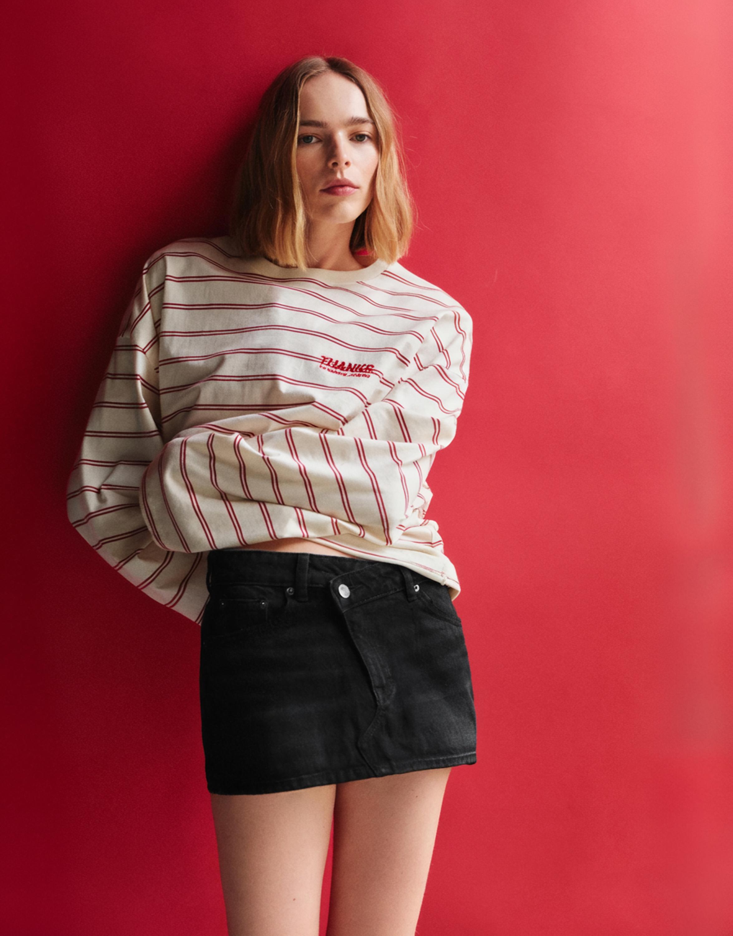 Cross-waist denim skort — Black