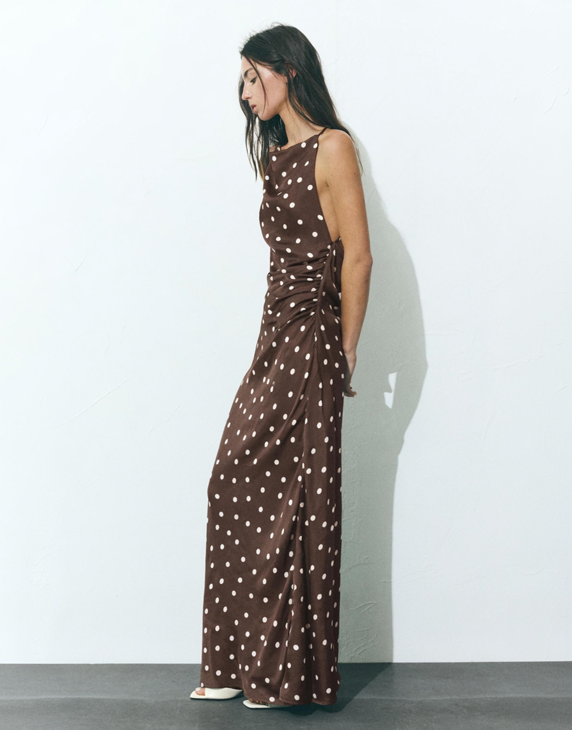 Draped polka dot satin dress — Brown