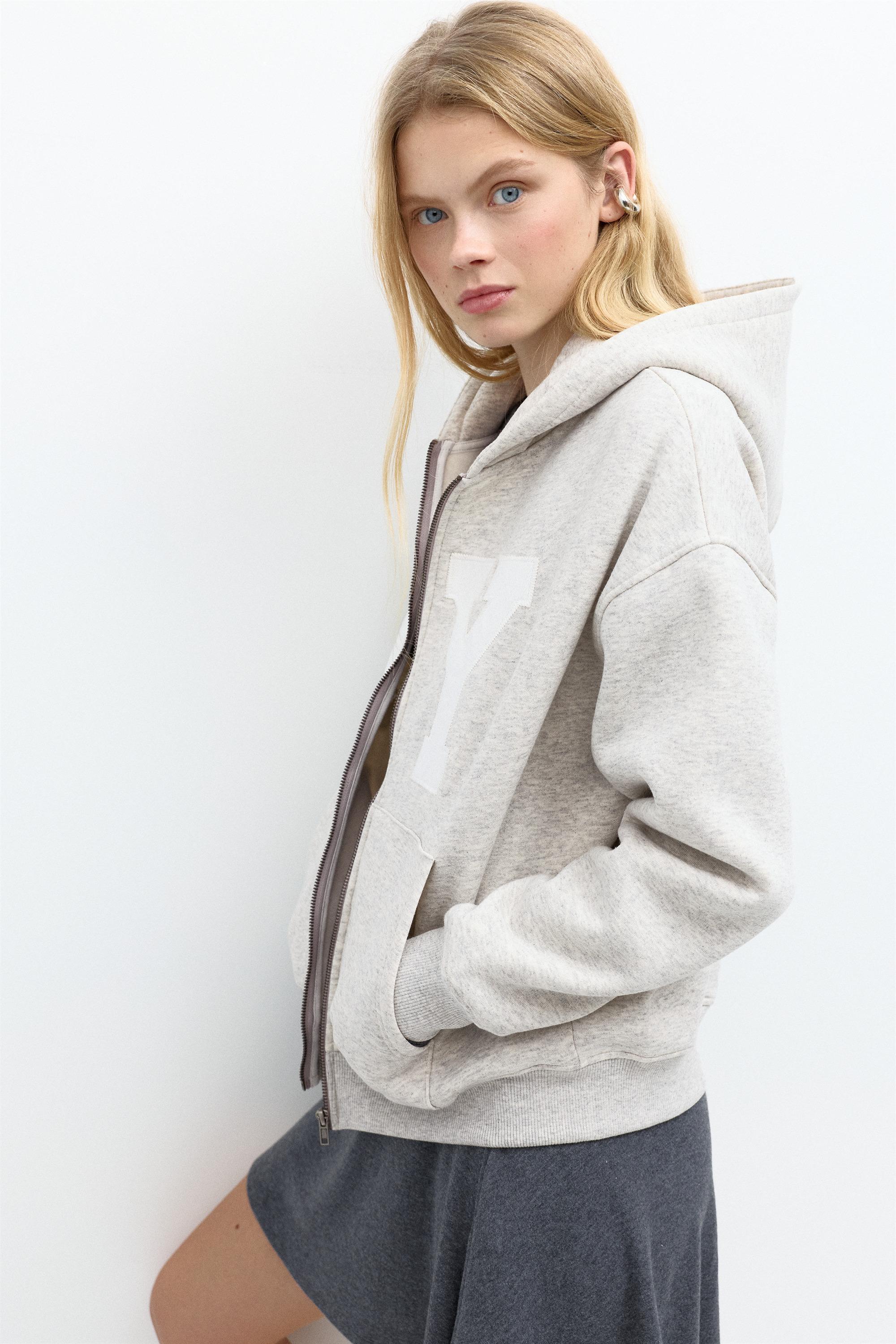 Graphic zip-up hoodie — Grey marl