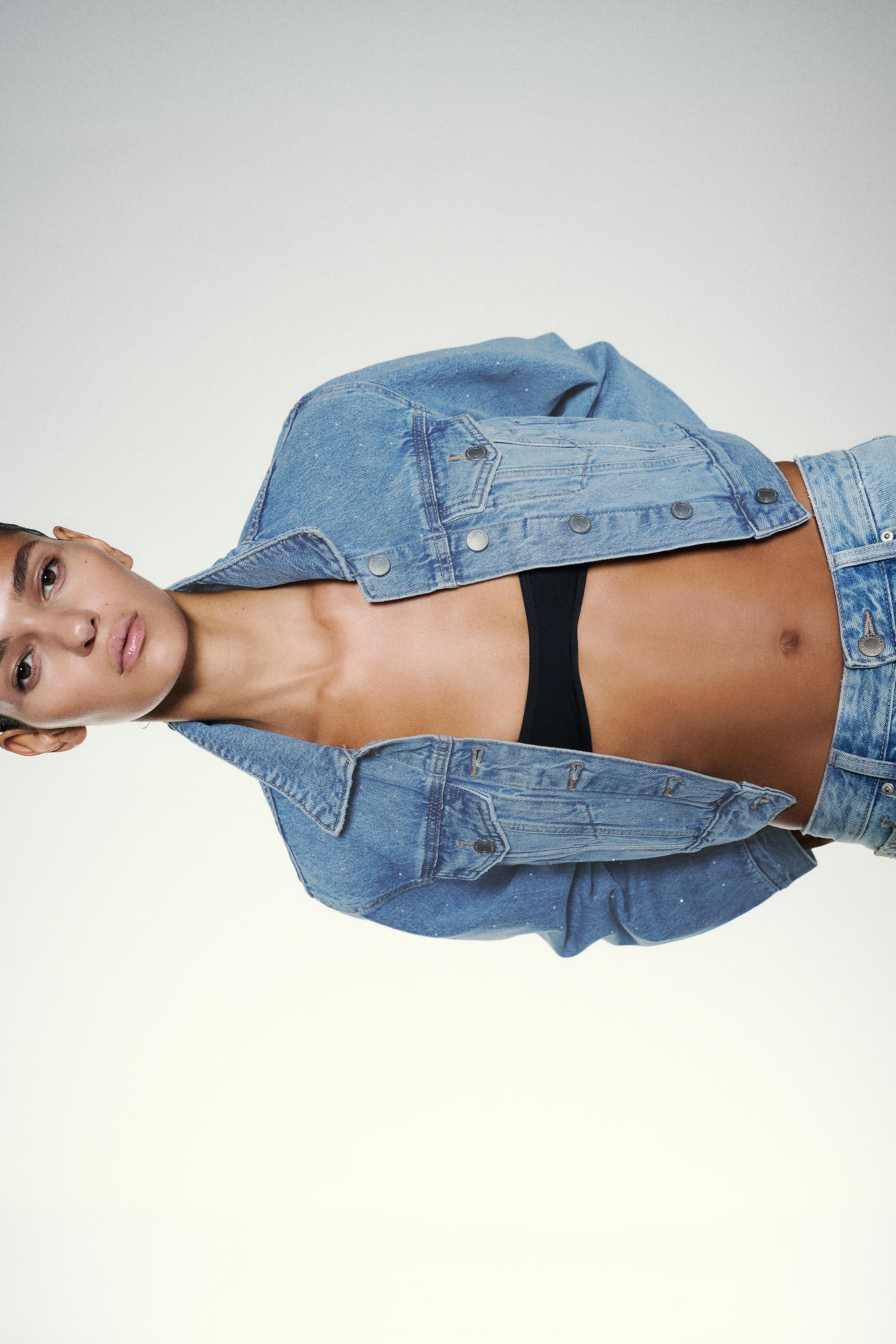 Cropped rhinestone denim jacket — Medium blue