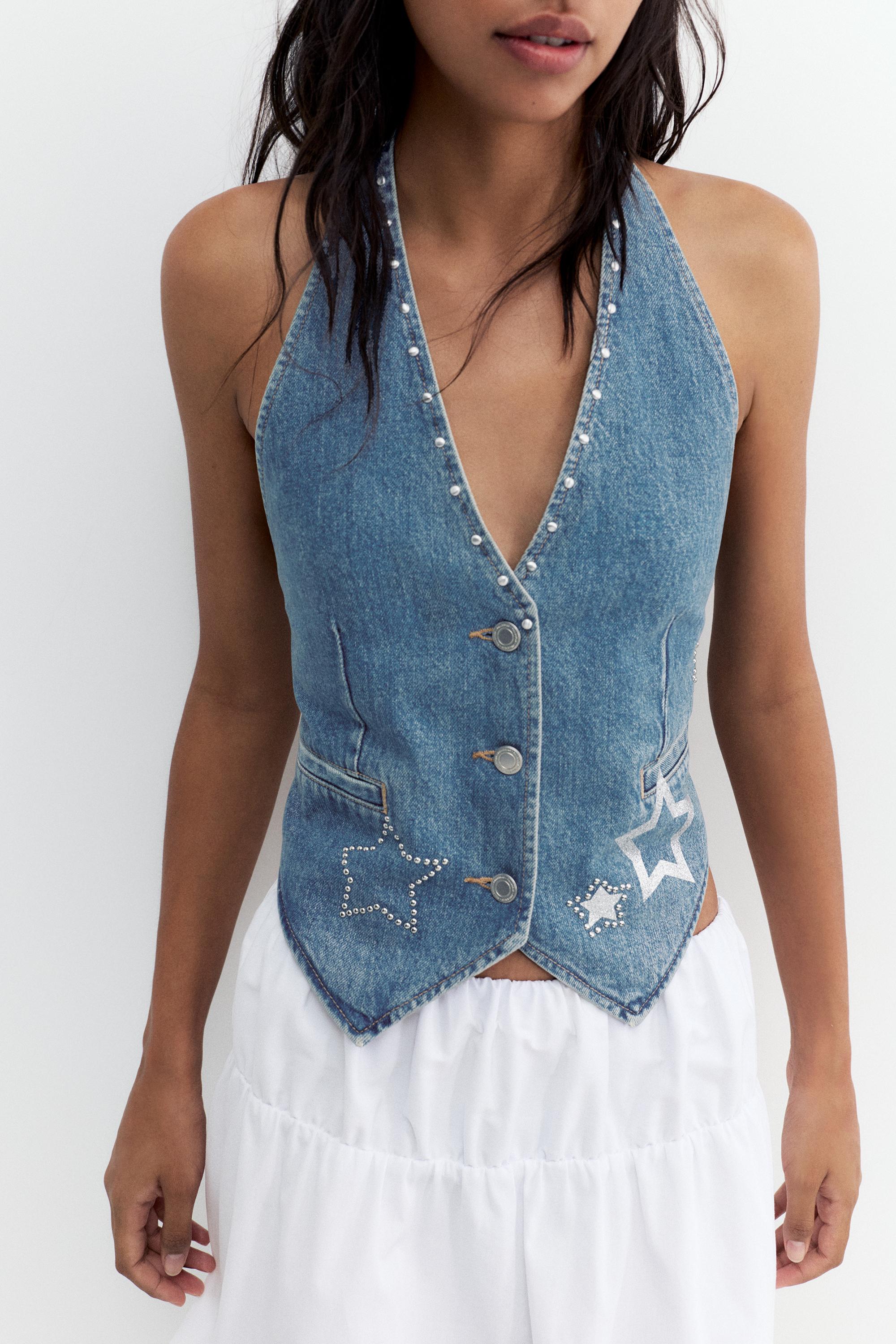Star and stud denim vest — Medium blue
