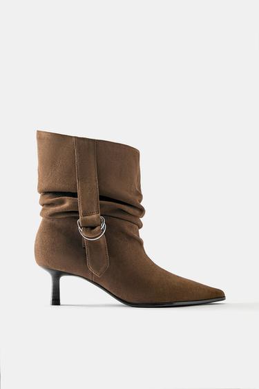 Ruched-ankle high-heel boots — Camel 1