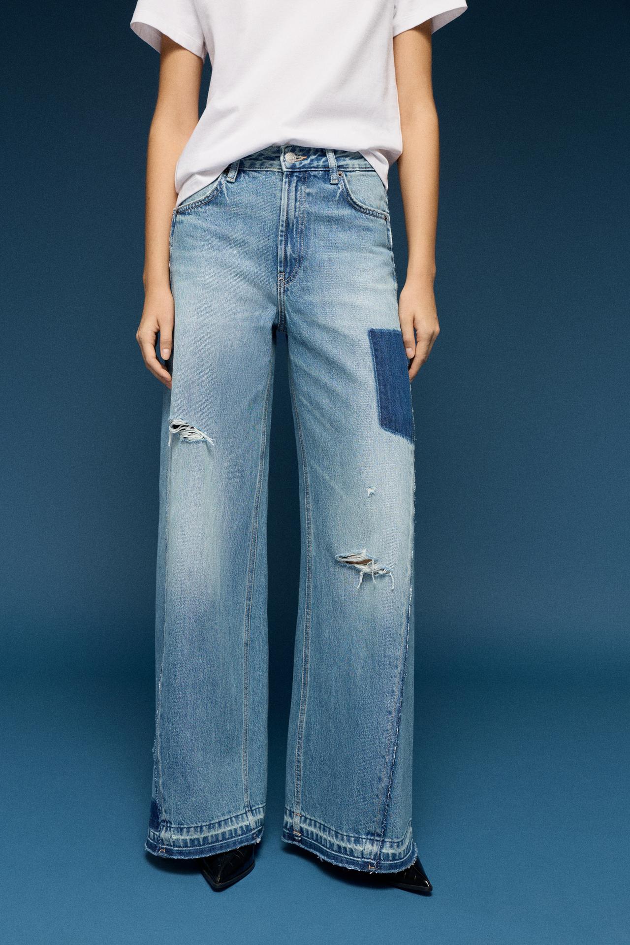 Wide-leg patchwork jeans — Medium blue