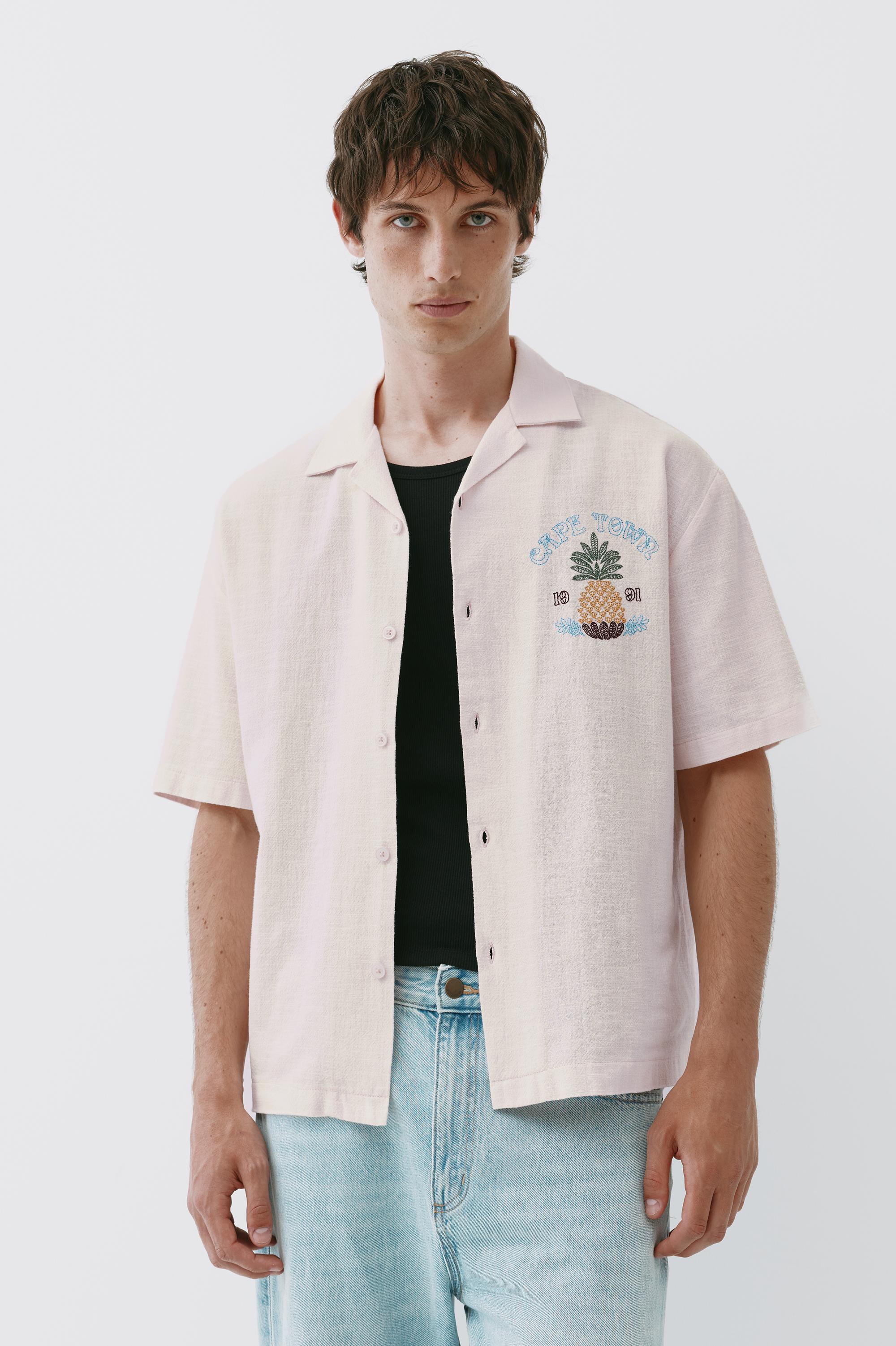 Pineapple embroidery short sleeve shirt — Rose pink