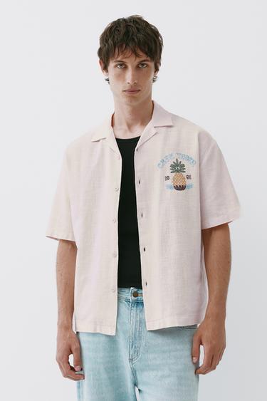 Pineapple embroidery short sleeve shirt — Rose pink 2