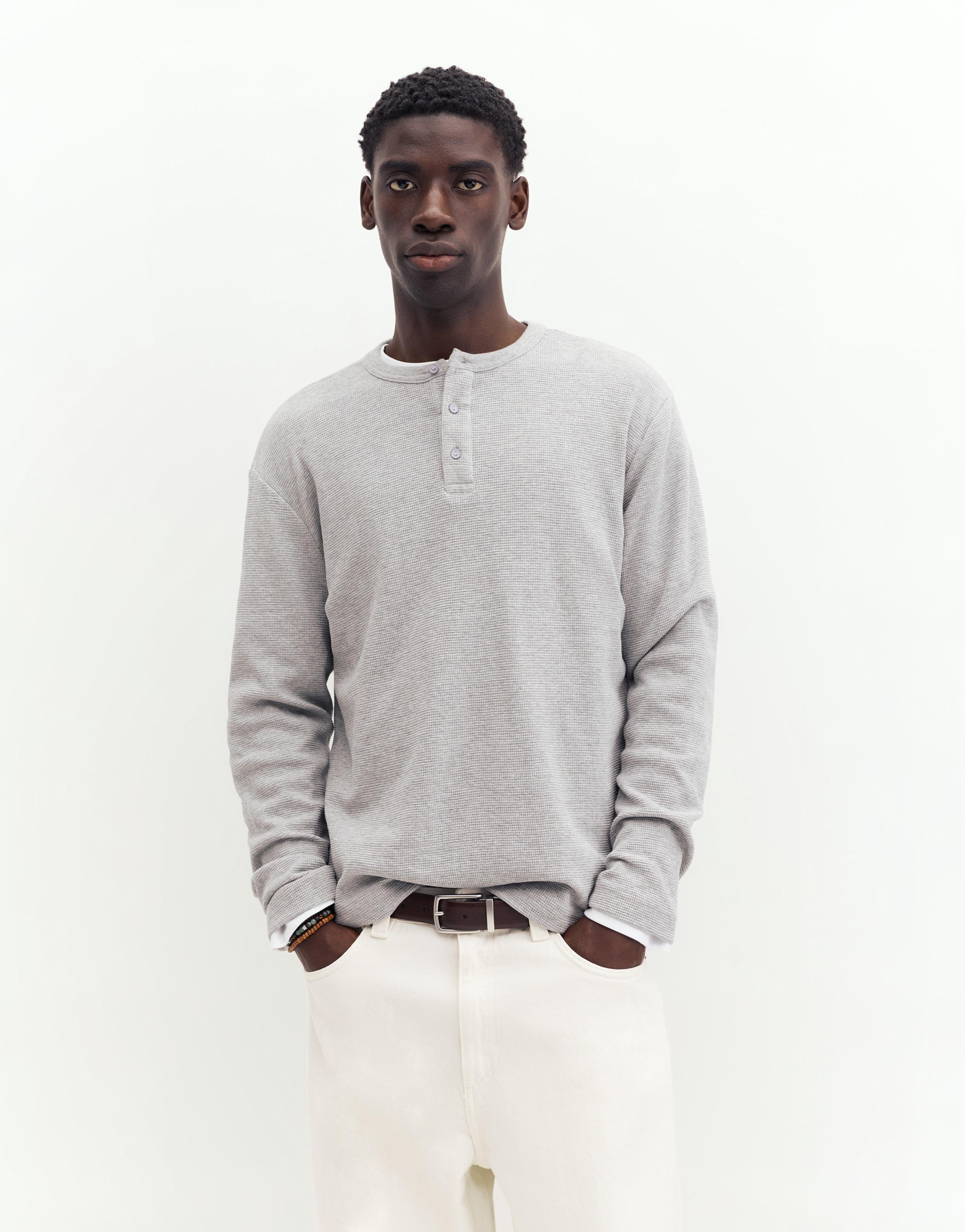 Waffle-knit long sleeve T-shirt — Pale marl
