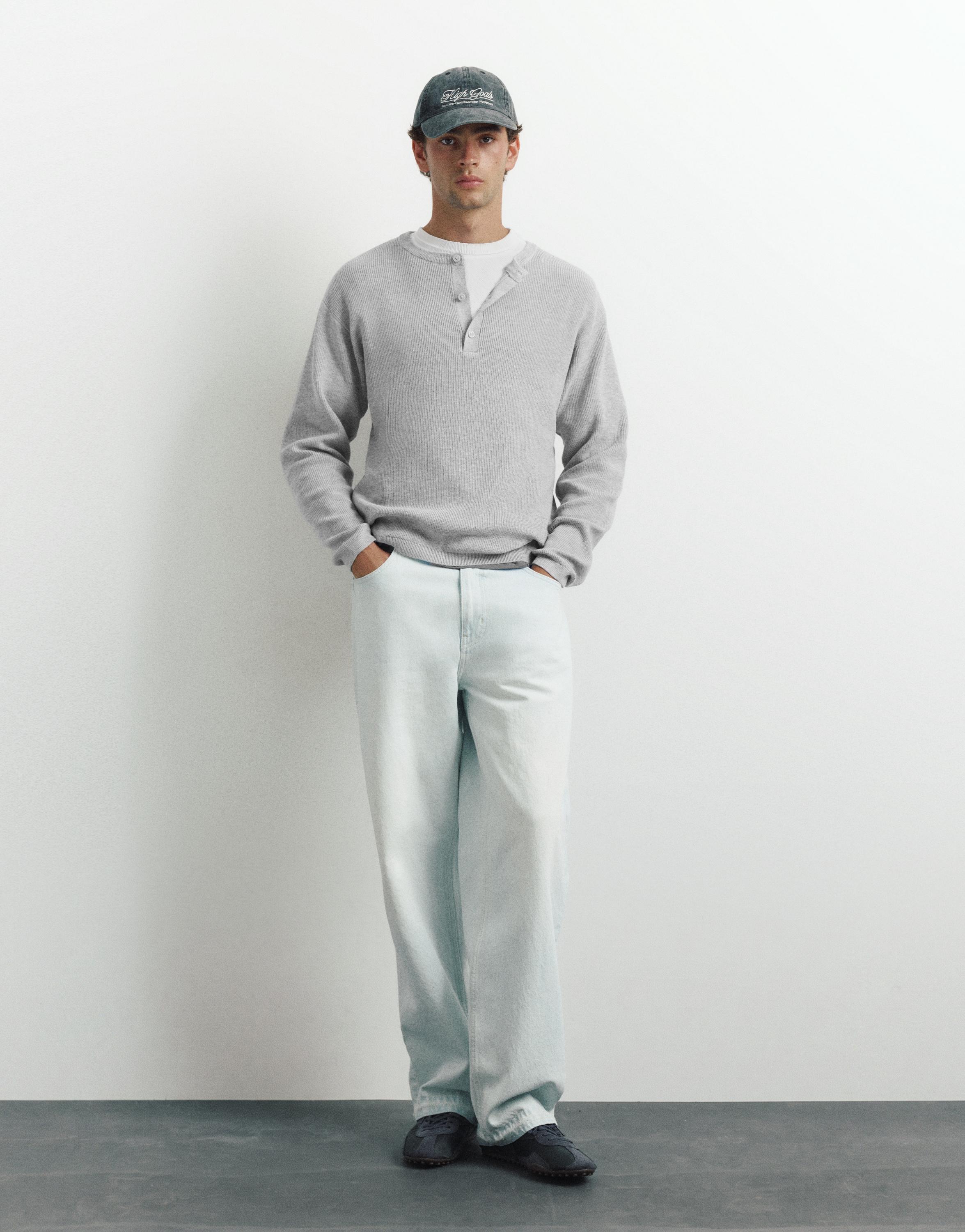 Henley neck jumper — Grey marl