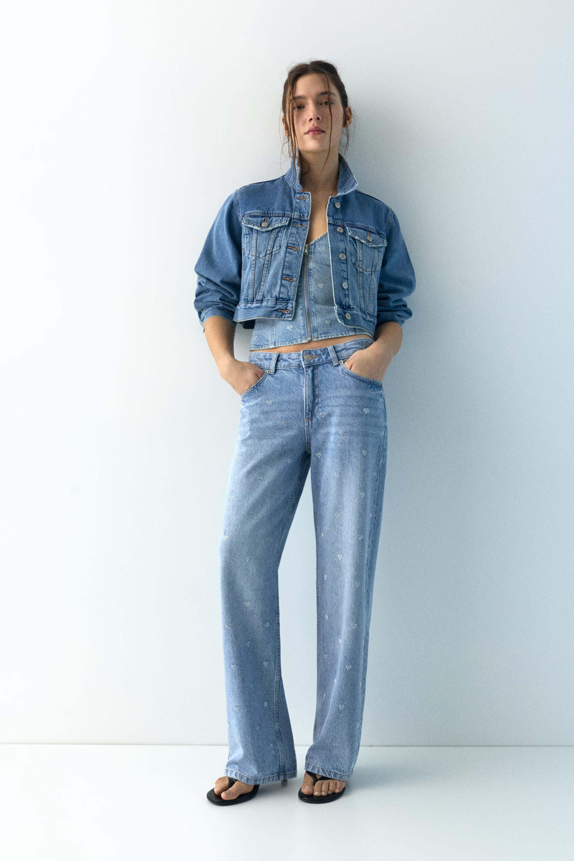 Straight-leg mid-waist jeans with rhinestone hearts — Pale blue