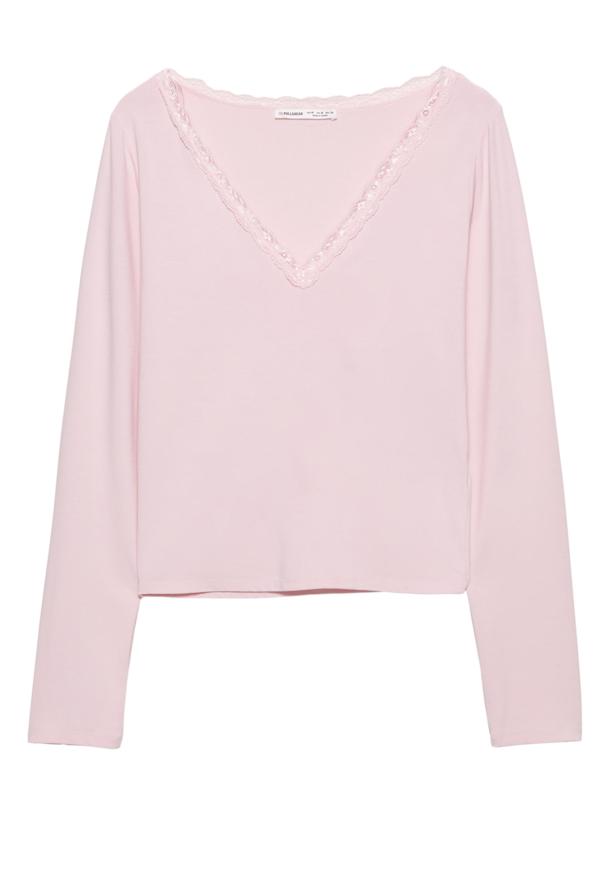 Lace trim neckline T-shirt — Pink